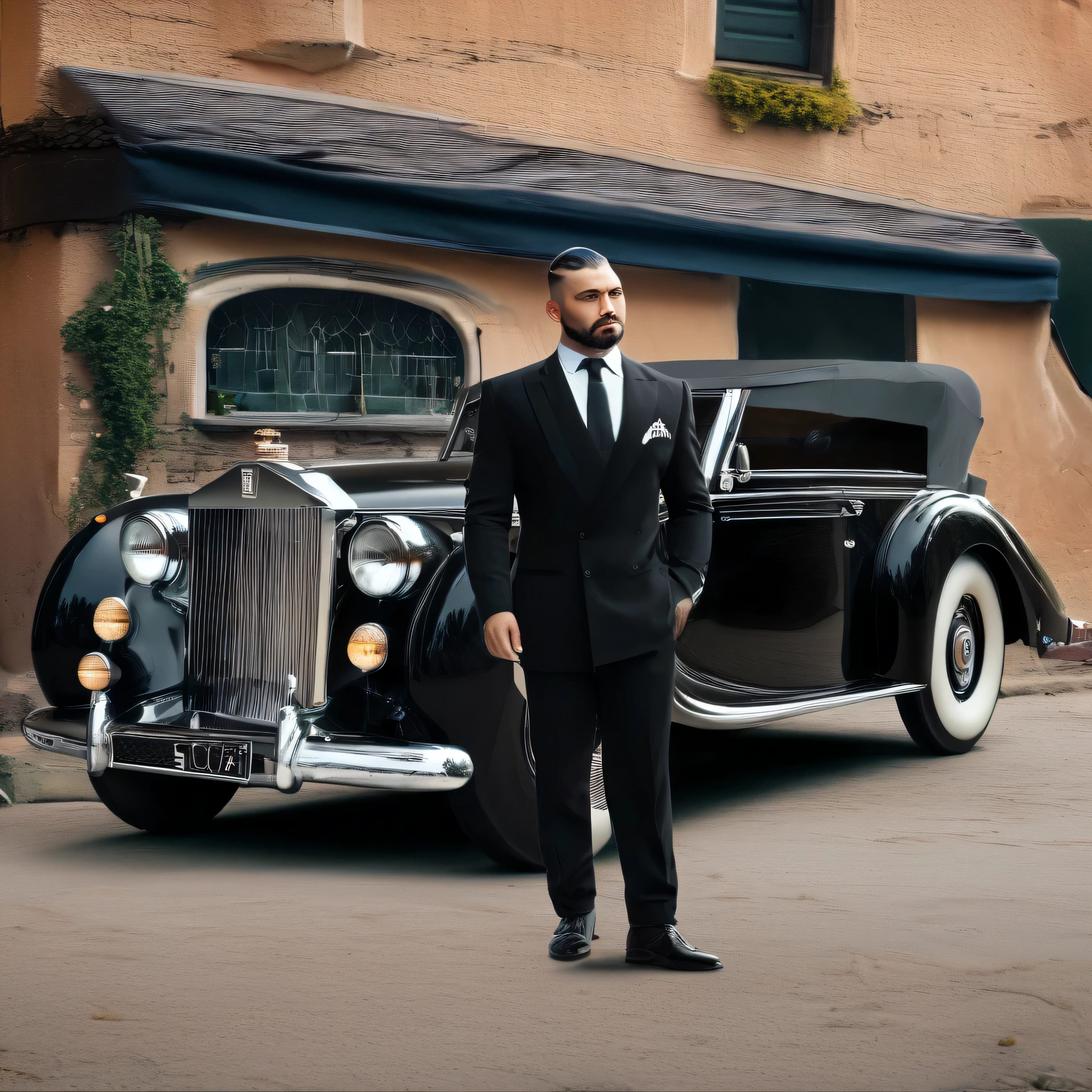 Crie uma imagem ((hiperrealista, Fotorrealista, 8k, detalhes intrincados)), (vertical panoramic frame) 1950, um gangster estiloso com cabelo militar curto e raspado, barba curta bem aparada, is standing in front of his Royce Royce car at night, enquanto abotoava cuidadosamente seu terno preto - alta qualidade, detailed and vivid, como uma cena de filme ((camera angle down, vertical)).