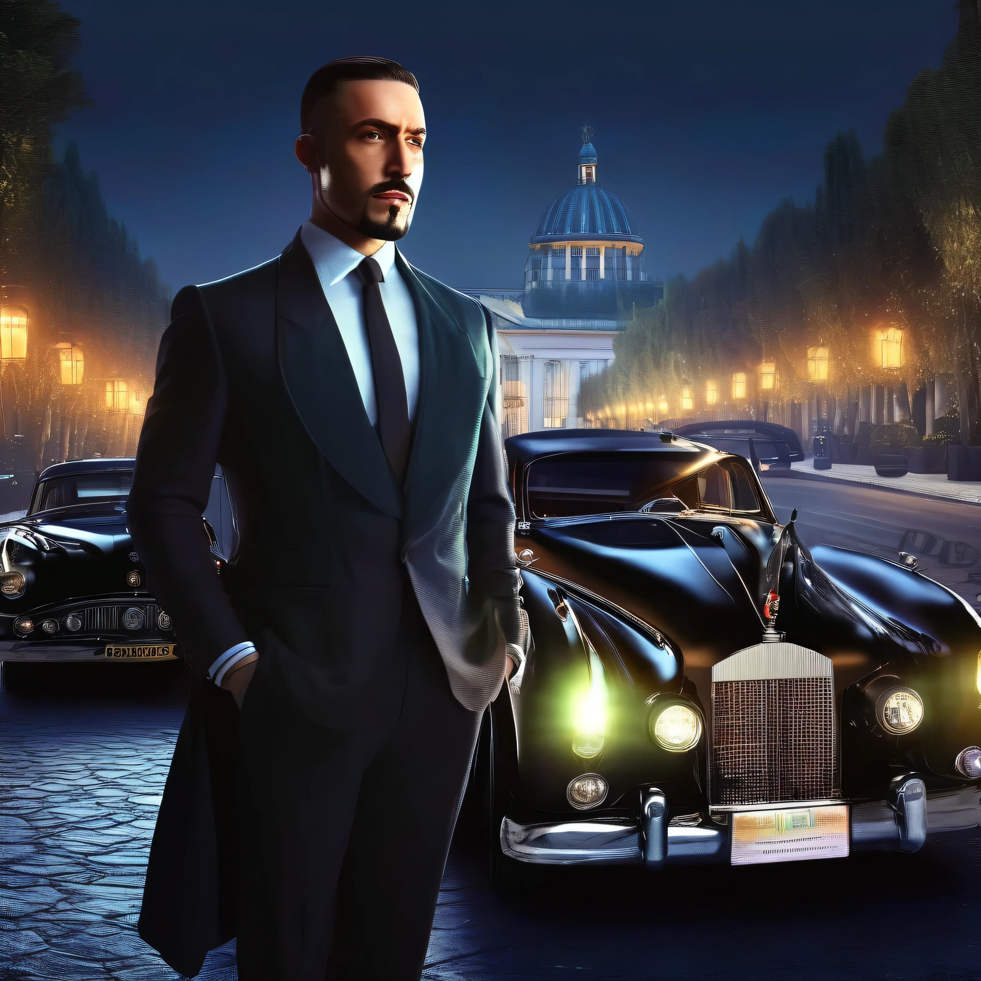 Crie uma imagem ((hiperrealista, Fotorrealista, 8k, detalhes intrincados)), (vertical panoramic frame) 1950, um gangster estiloso com cabelo militar curto e raspado, barba curta bem aparada, is standing in front of his Royce Royce car at night, enquanto abotoava cuidadosamente seu terno preto - alta qualidade, detailed and vivid, como uma cena de filme ((camera angle down, vertical)).