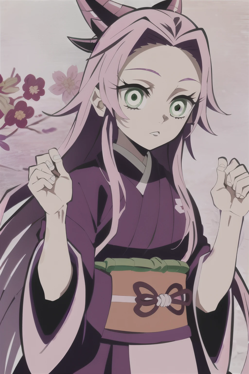 Style Kimetsu no yaiba, Original character, demon slayer,pink long hair girl, fantasy, jin hong,anime, beautiful illustration, highly detailed, manga art  ninja kimono, (Sakura haruno), long hair snake green eyes big ,red horns  on head