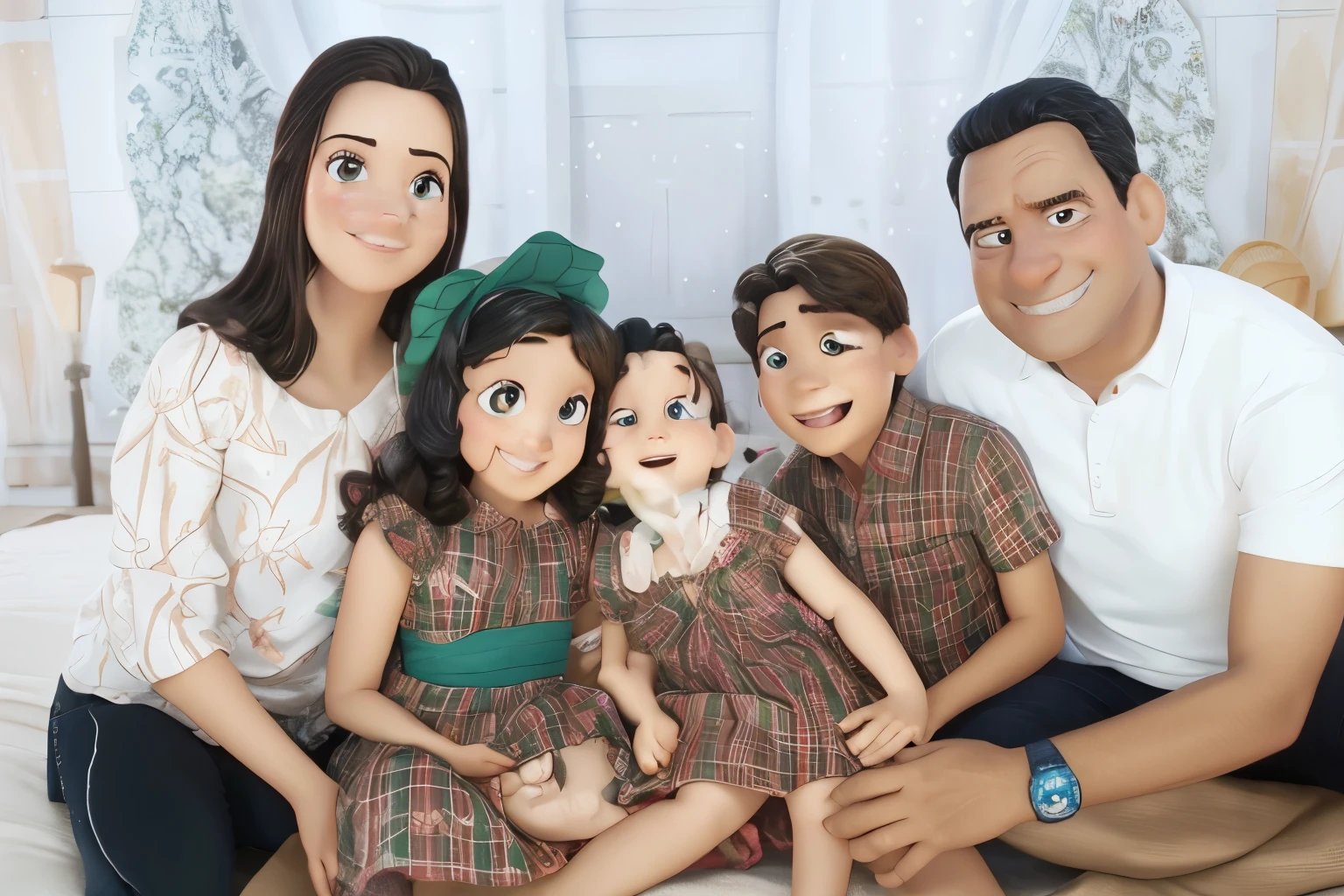 Estilo Disney pixar , fami (pai, mami, dois filhos e uma filha), sorrir, amor, Casa feliz, e cercado pela natureza. Ultra-detailed illustration with great lighting and a clear image. 8k