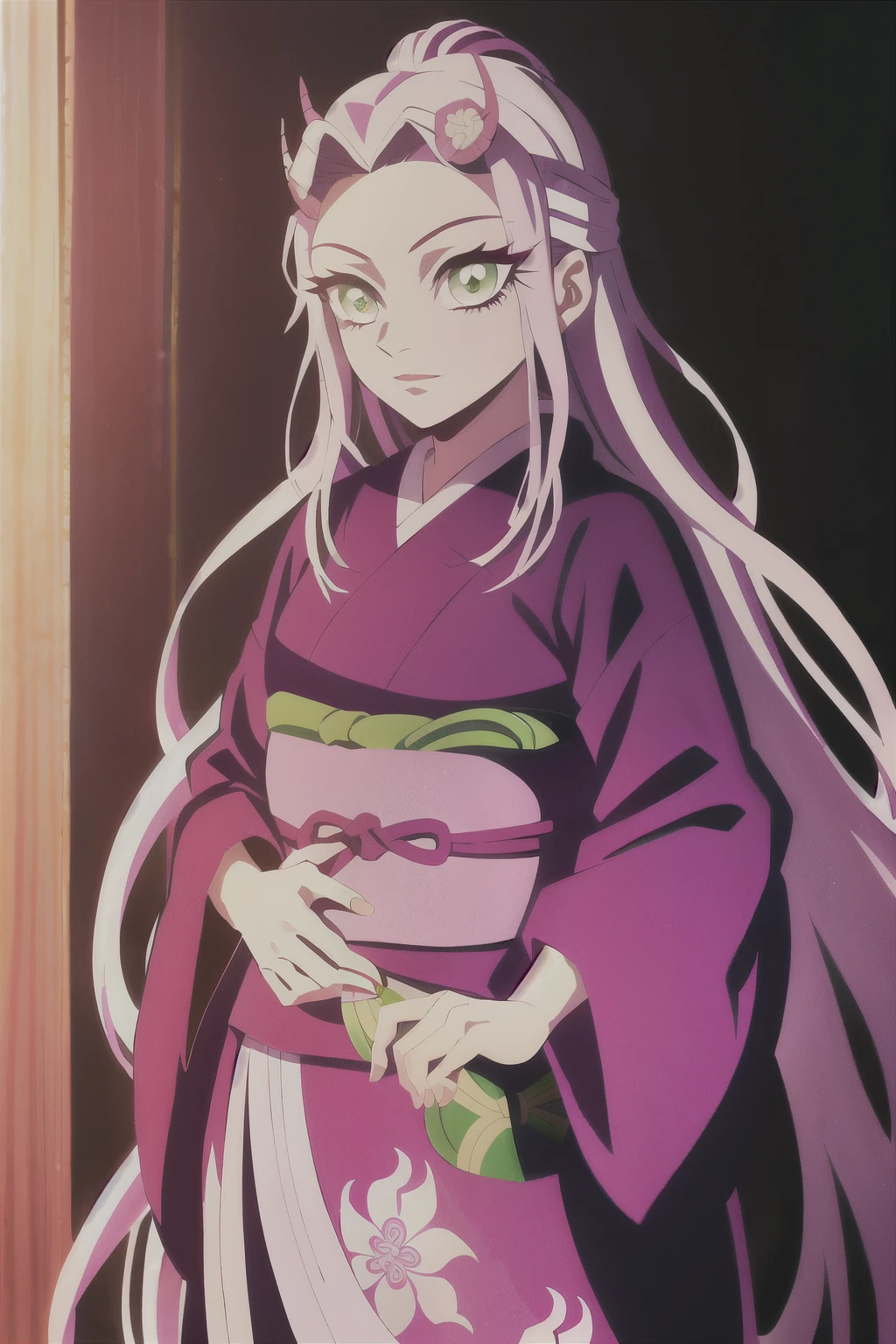 Style Kimetsu no yaiba, Original character, pink long hair girl, fantasy, jin hong,anime, beautiful illustration, highly detailed, manga art ninja kimono, (Sakura haruno), long hair snake green eyes big ,red horns on head.