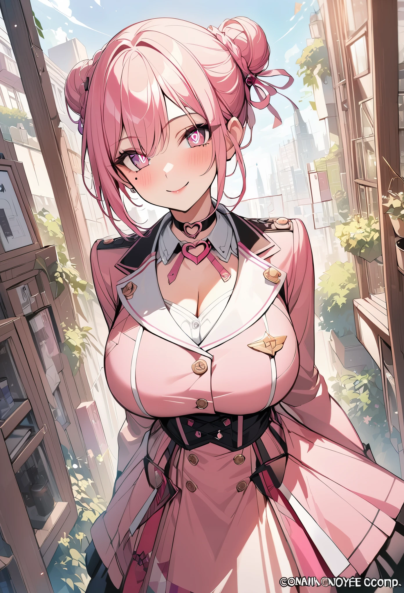 1 girl, pink long bun hair, Symbol-shaped eyes, +_+, big breasts, blazer type uniform, {girl with pink long bun hair named Nami}, (Pink eye color), {downtown}, (smile), bright background , mole under eye, heart shaped choker, (masterpiece, highest quality), very detailed, highest quality, official art, beautiful and aesthetic: 1.2), (1 girl), very detailed, (geometry art: 1.3), colorful, most detailed ?d1 girl, pink long bun hair, Eye of the symbol, +__+, big breasts, gothic costume, {A girl with long pink bun hair named Nami}, (Pink eye color), {downtown}, (smile), bright background, （garden,beautiful flower々）,mole under eye, heart shaped choker, (masterpiece, highest quality), official art, beautiful and aesthetic: 1.2), (1 girl), very detailed, (geometry art: 1.3), colorful