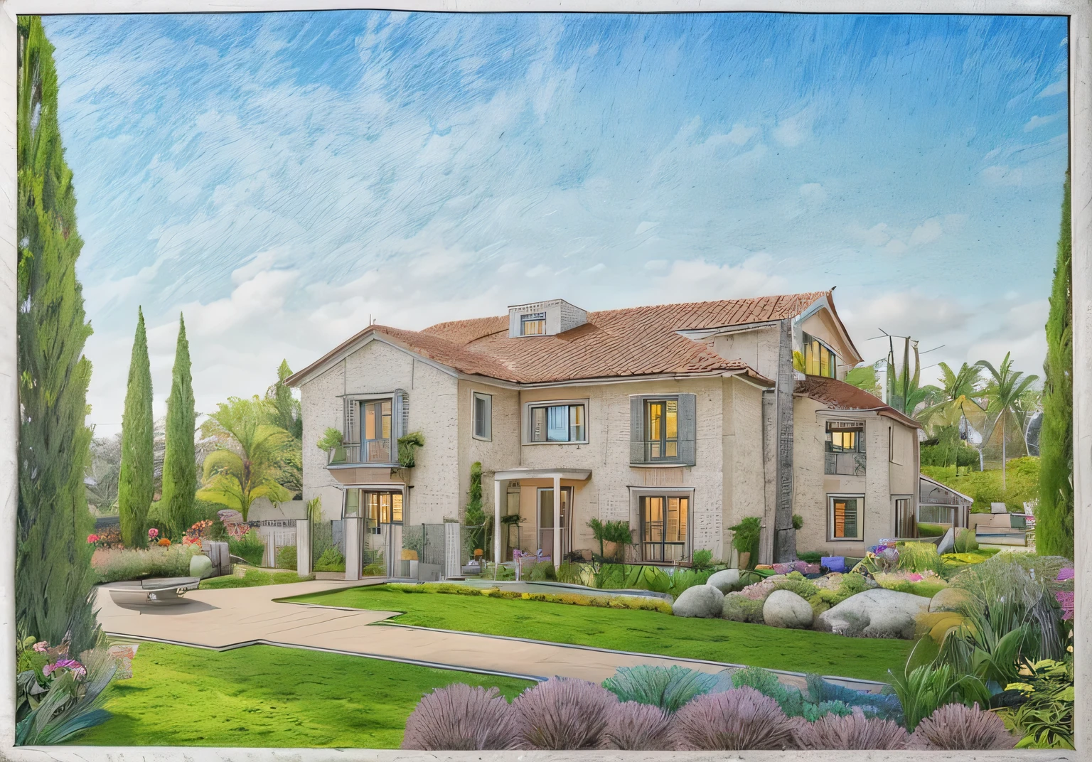 desenho de uma casa com jardim e fonte no quintal, architectural Rendering, beautiful artist Rendering, beautiful Rendering, Belas artes altamente detalhadas, dramatic Rendering, a digital Rendering, Direction: Chris Rahn, exterior da vila francesa, por Richard Mayhew, colorful illustration, Rendering, por Robert Medley, a photorealistic Rendering, por Rob Alexander