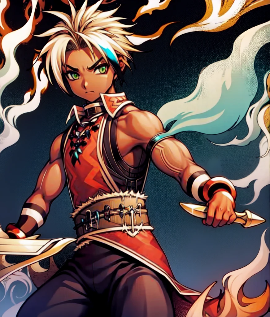 masterpiece, 1 boy, 1 young man, deep green aqua eyes, solo, flames, red fire, fire magic coming from his hands, rune on his hand, light on his hand, oniric background, magical background, exotic background, red, cyan, blonde hair, black streaked hair, brown skin, bare arms, orange native american clothes, black pants, native wristbands, jewels, native white fur, magician pose, ancient,
