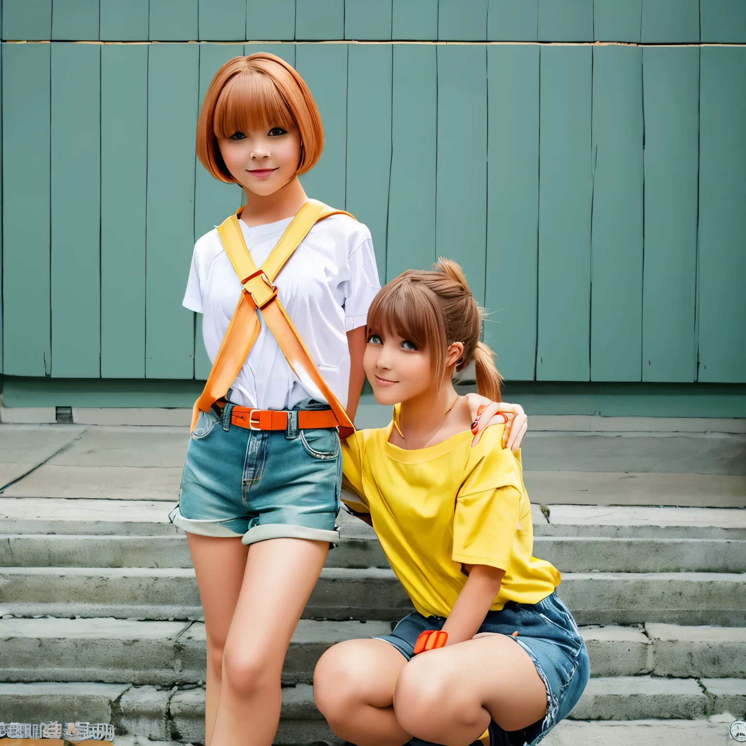 {{{misty (pokemon)}}}, masterpiece, denim shorts, short hair, orange hair, yellow shirt, red suspenders, green eyes, side pony, navel baring, nsfw, vaginal,sex, girl on top,