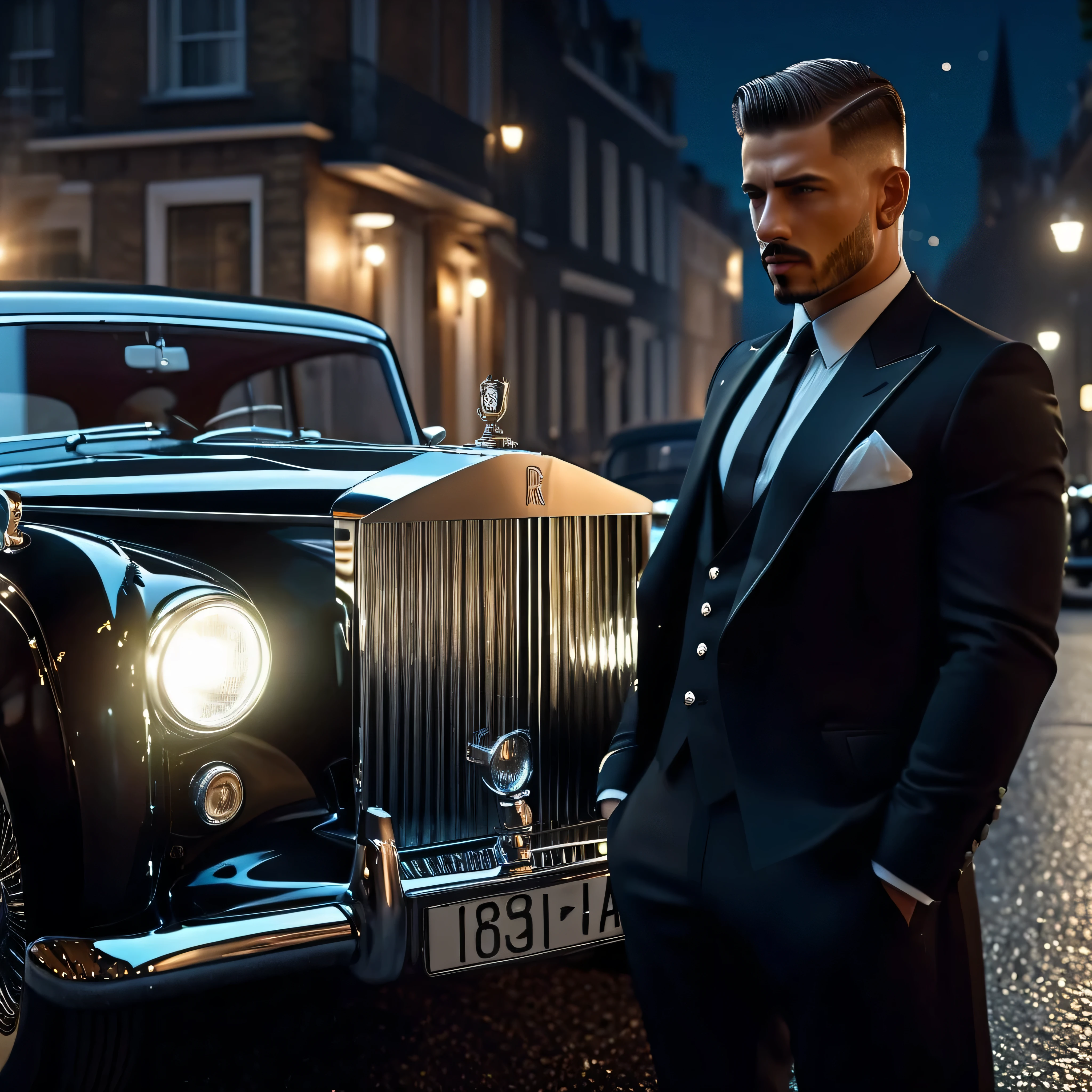 Crie uma imagem ((hiperrealista, Fotorrealista, 8k, detalhes intrincados)), (vertical panoramic frame) 1950, um gangster estiloso com cabelo militar curto e raspado, barba curta bem aparada, is standing in front of his Royce Royce car at night, enquanto abotoava cuidadosamente seu terno preto - alta qualidade, detailed and vivid, como uma cena de filme ((camera angle down, vertical)).