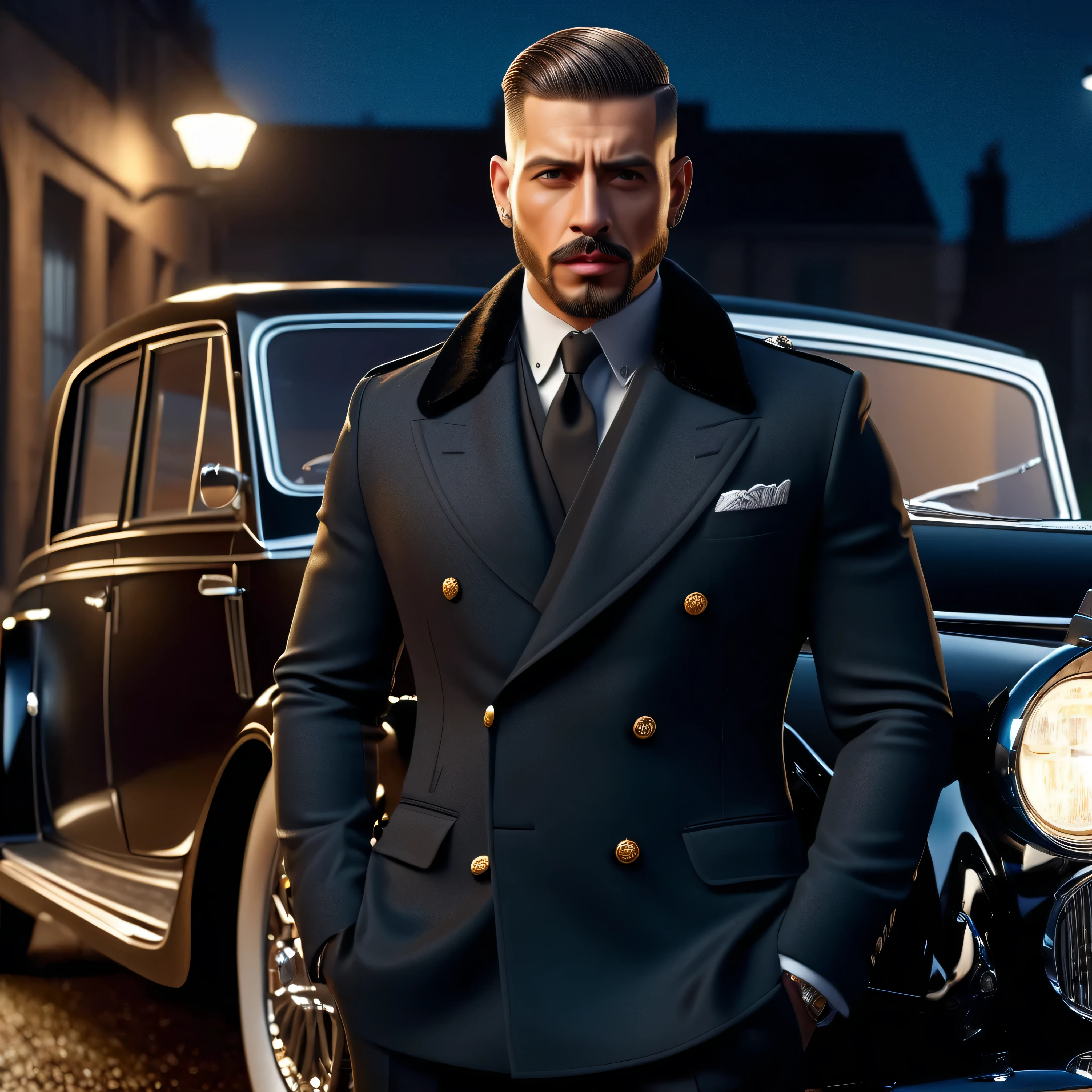 Crie uma imagem ((hiperrealista, Fotorrealista, 8k, detalhes intrincados)), (vertical panoramic frame) 1950, um gangster estiloso com cabelo militar curto e raspado, barba curta bem aparada, is standing in front of his Royce Royce car at night, enquanto abotoava cuidadosamente seu terno preto - alta qualidade, detailed and vivid, como uma cena de filme ((camera angle down, vertical)).