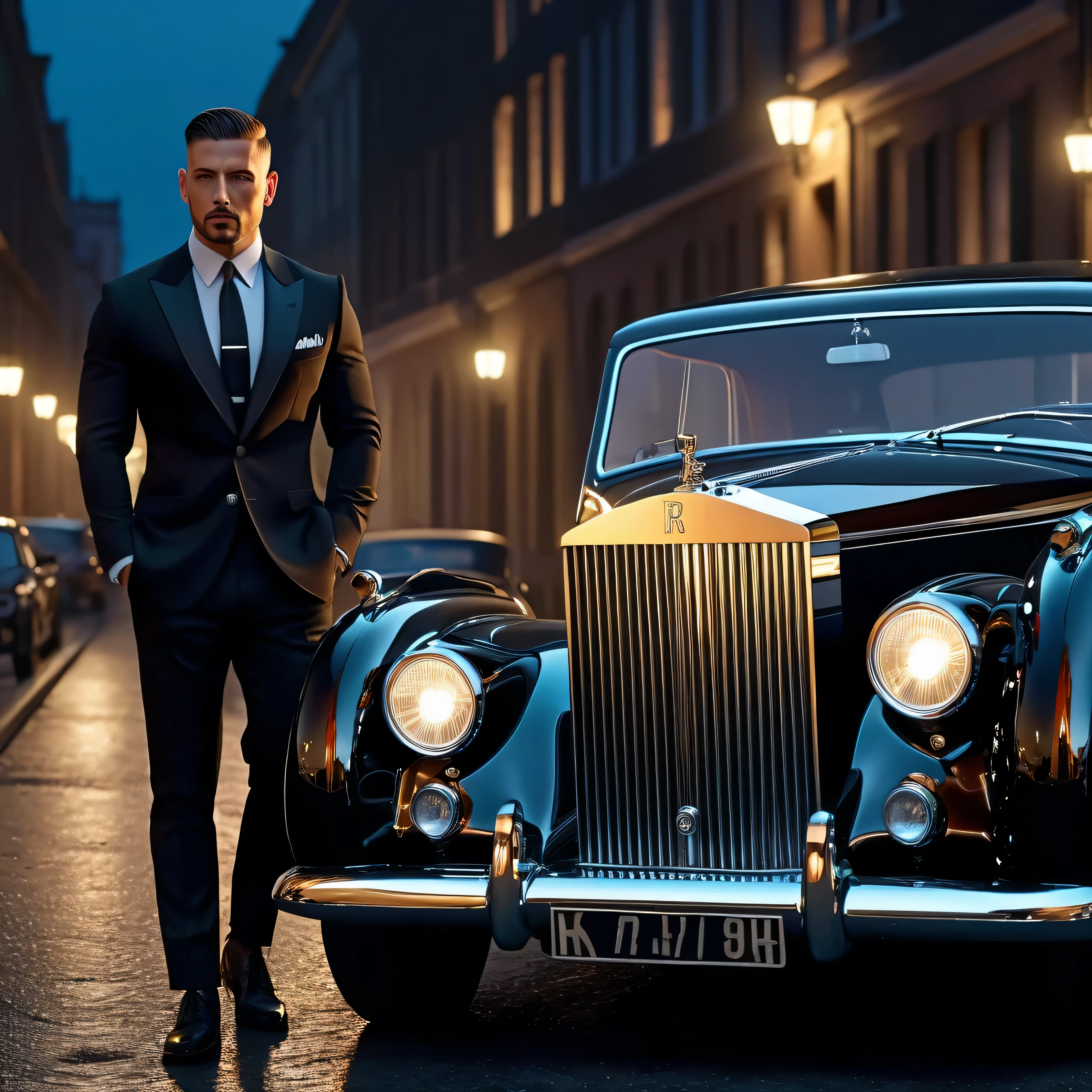 Crie uma imagem ((hiperrealista, Fotorrealista, 8k, detalhes intrincados)), (vertical panoramic frame) 1950, um gangster estiloso com cabelo militar curto e raspado, barba curta bem aparada, is standing in front of his Royce Royce car at night, enquanto abotoava cuidadosamente seu terno preto - alta qualidade, detailed and vivid, como uma cena de filme ((camera angle down, vertical)).