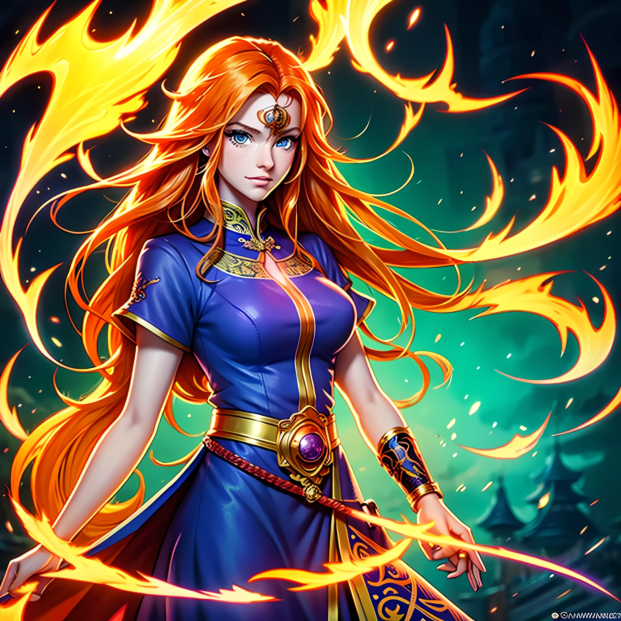 anime style art, comic book style art, beautiful healthy Celtic young woman, tall, bright orange hair, flaming orange hair, long wavy orange hair, bright blue eyes, fair skin, wearing a red warrior dress, red dress with ornate gold and purple designs, modest clothing, standing inside a temple made of purple stones, holding a long orange sword, fiery background, flames, dramatic composition, high quality digital art