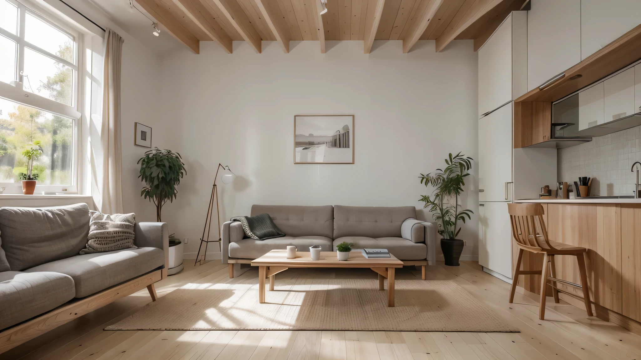 ighly detailed photo, sharp details, realistic, 4K, RAW photo, interior design, modern, Scandinavian, apartment, living room, 3D rendering, bright, airy, natural light, spacious, functional, simplicity, elegance, wooden accents, Interior of poor modern house, designed in the Ghibli studio style  