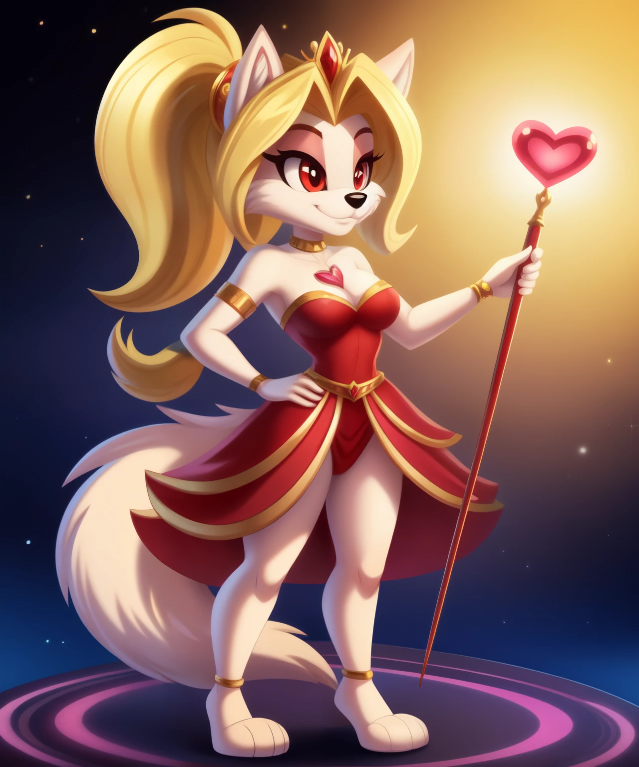 Queen Amora the female wolf, four arms, blonde ponytail hair, Amora strapless dress, pink ring on her tail, scarlet eyes, holding a heart wand, tiny toons style, full body