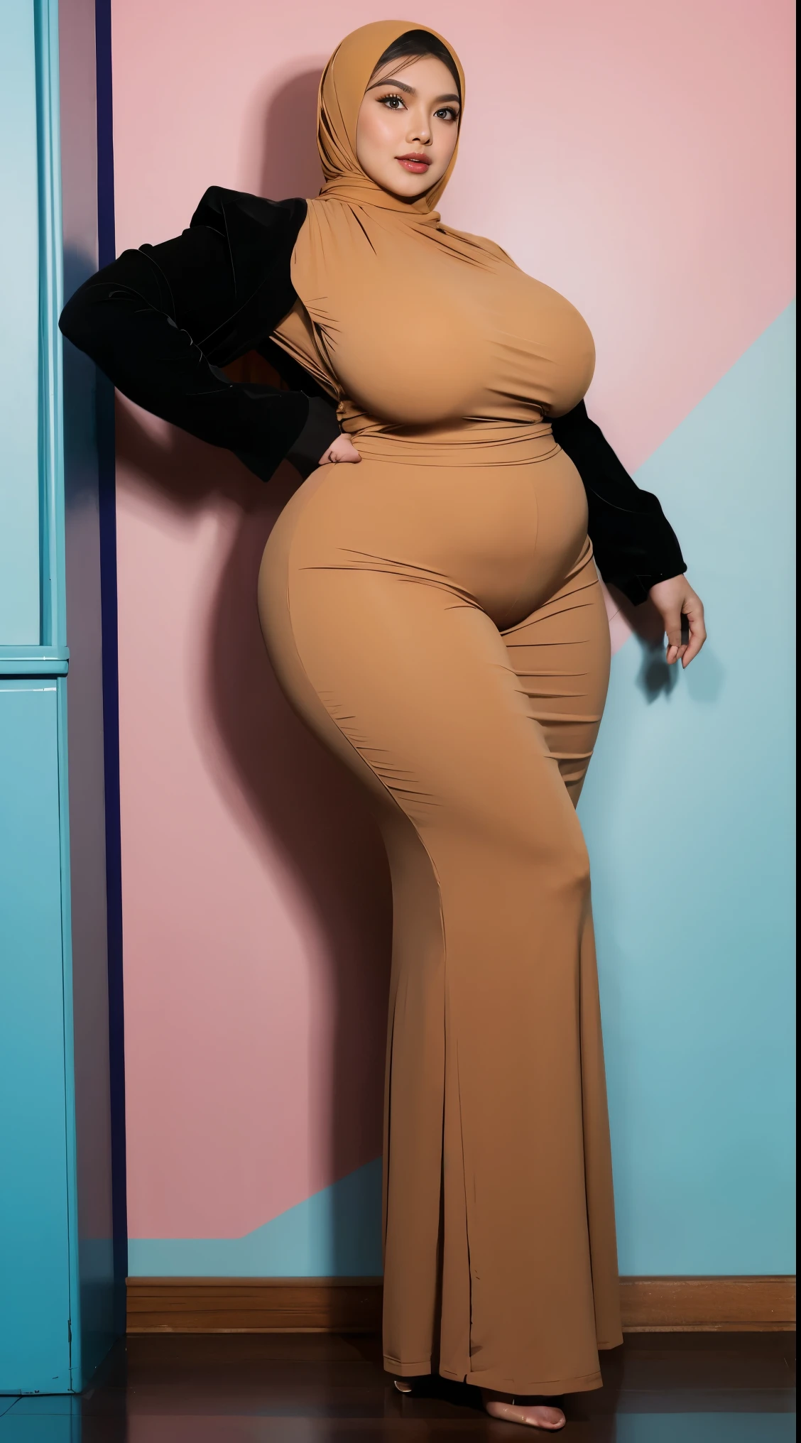 Vogue style side view photo shoot of malay 20years old young woman nude, with pastel colored background in Wes Anderson style, detail skin texture, detailed face, saggy breast, dark , camel toe, heavy big breast, big round ass, wide hips, thick thighs, beer belly, curvy, view from side, hyper - realistic photography, Wes Anderson style, full body, 8k, close - up shot, extreme close - up photo, ((looking at viewer)), wavy black hair