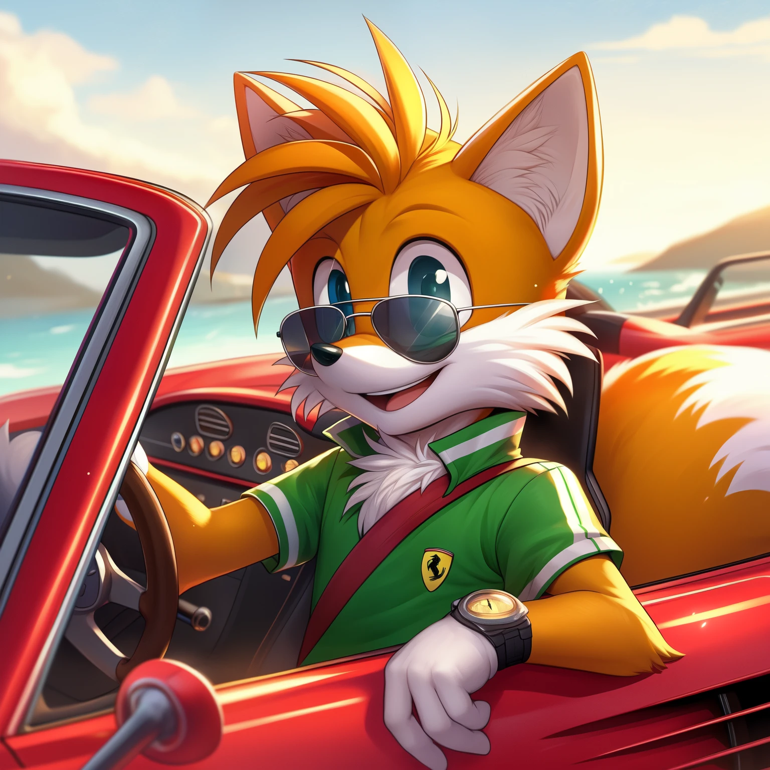 tails the fox dirigindo uma ferrari, feliz