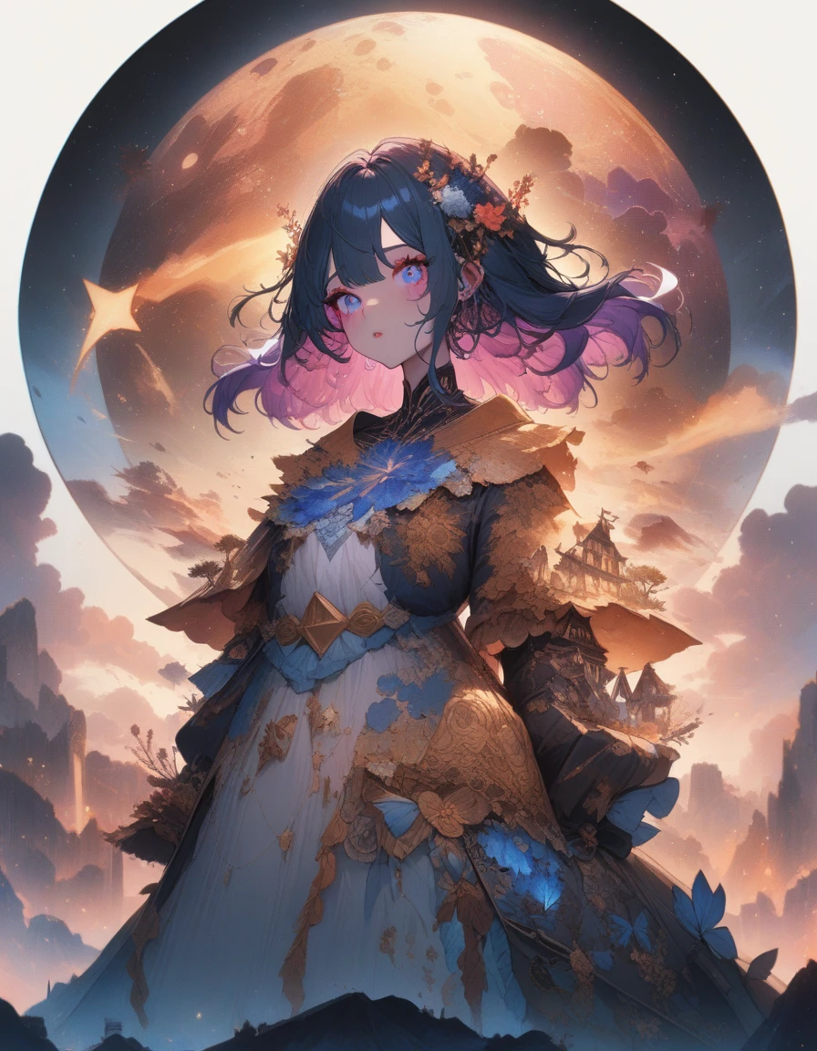 1girl, aesthetic, extremely detailed, masterpiece, best quality, very aesthetic, absurdres, "a desert canyon made of stars on a starry night" double exposure collage art watercolor illustration, sharp contrast, fantasy, hdr, vibrant, surrealism, hyperdetailed, hypermaximalist illustration by Meg Chikhani, Victo Ngai, Rlon, Andreas Lie, Android Jones, by artist "anime", Anime Key Visual, Japanese Manga, Pixiv, Zerochan, Anime art, Fantia