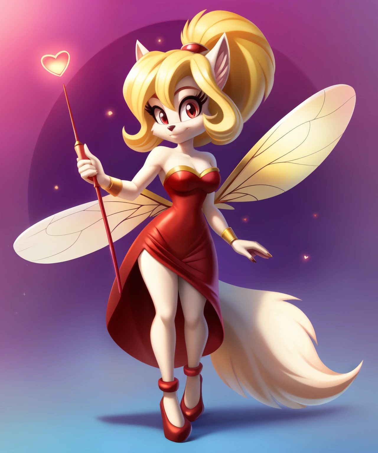 Queen Amora the female wolf, four arms, blonde ponytail hair, Amora strapless dress, pink ring on her tail, scarlet eyes, holding a heart wand, bee wings, tiny toons style, full body