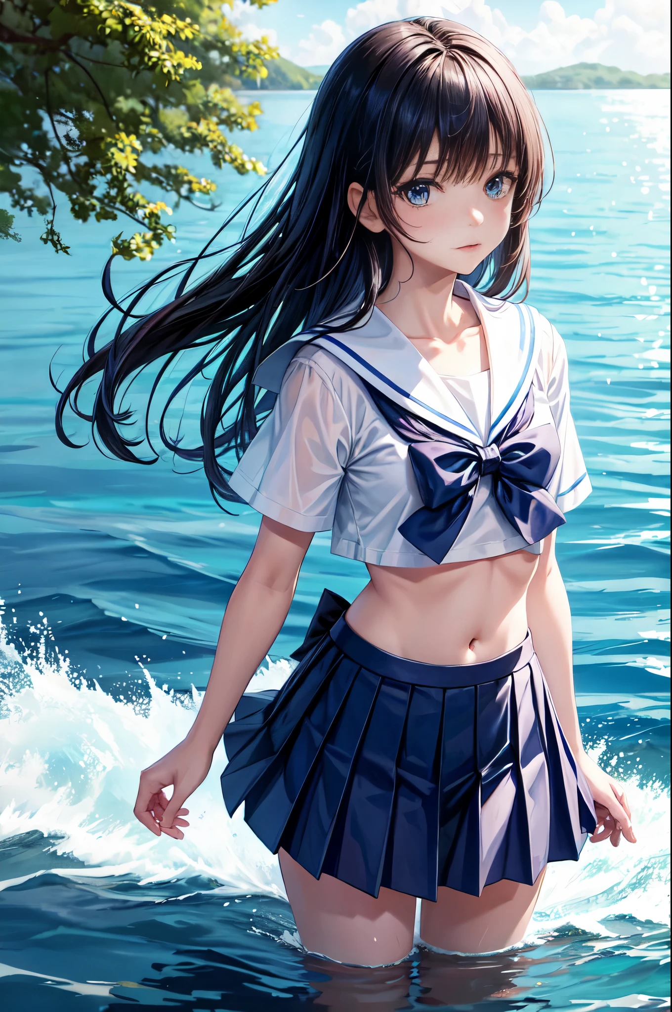 a anime looking character walking by water wearing blue skirt and sailor collar, 1 girl, alone, belly button, skirt, shirt, pleated skirt, looking at the viewer, short sleeve, outdoor, blue eyes, long hair, water, bow, white shirt, black skirt, Day, blurry, blurry background, collared shirt, blue bow, water遊び, Wet, bowtie, bangs, cowboy shot, Stomach, clothing lift
