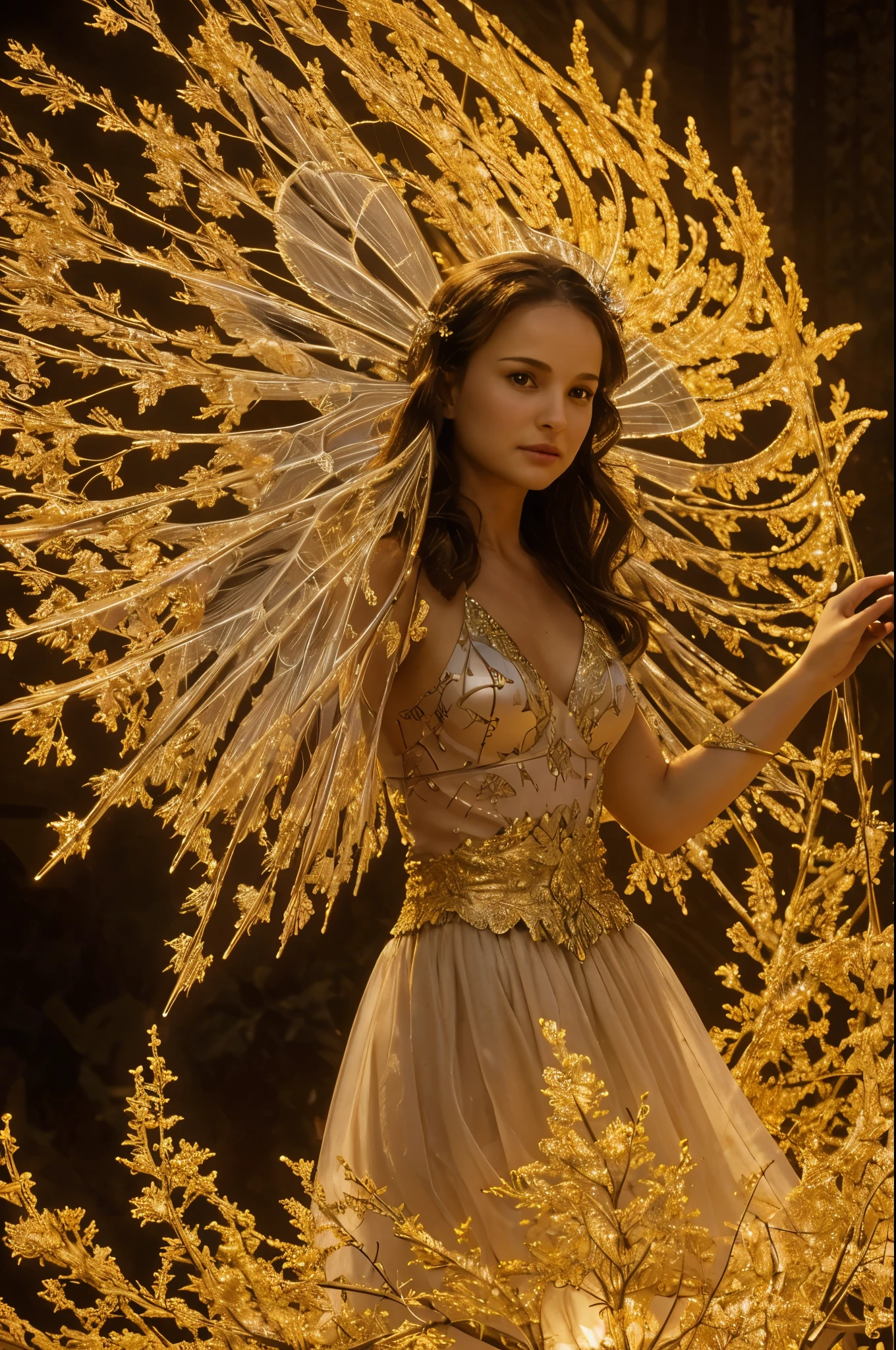 photograph, photorealistic, ultra-realistic, intricately detailed, wide angle, fine fractal glossy vivid colored shiny contours outlines of a glass pear with a ("a glowing golden flying female fairy uses her wand to transform a tree to solid gold.") inside, surreal, gradient, windy, petals floating on the wind, swirling ribbons of ink and light. linquivera, liiv1, ral-czmcrnbw