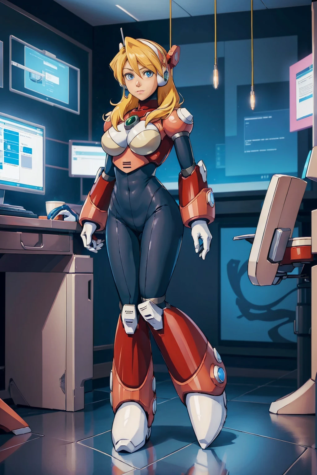 ((Full body photo, standing, feet on the floor)) (((full body photo))) Alia_Megamanx, 1girl, heroine pose, alone, breasts, blue eyes, blonde hair, android, long hair, ears robot, sitting on chair in front computer, laboratory, master piece, high quality, hentai
