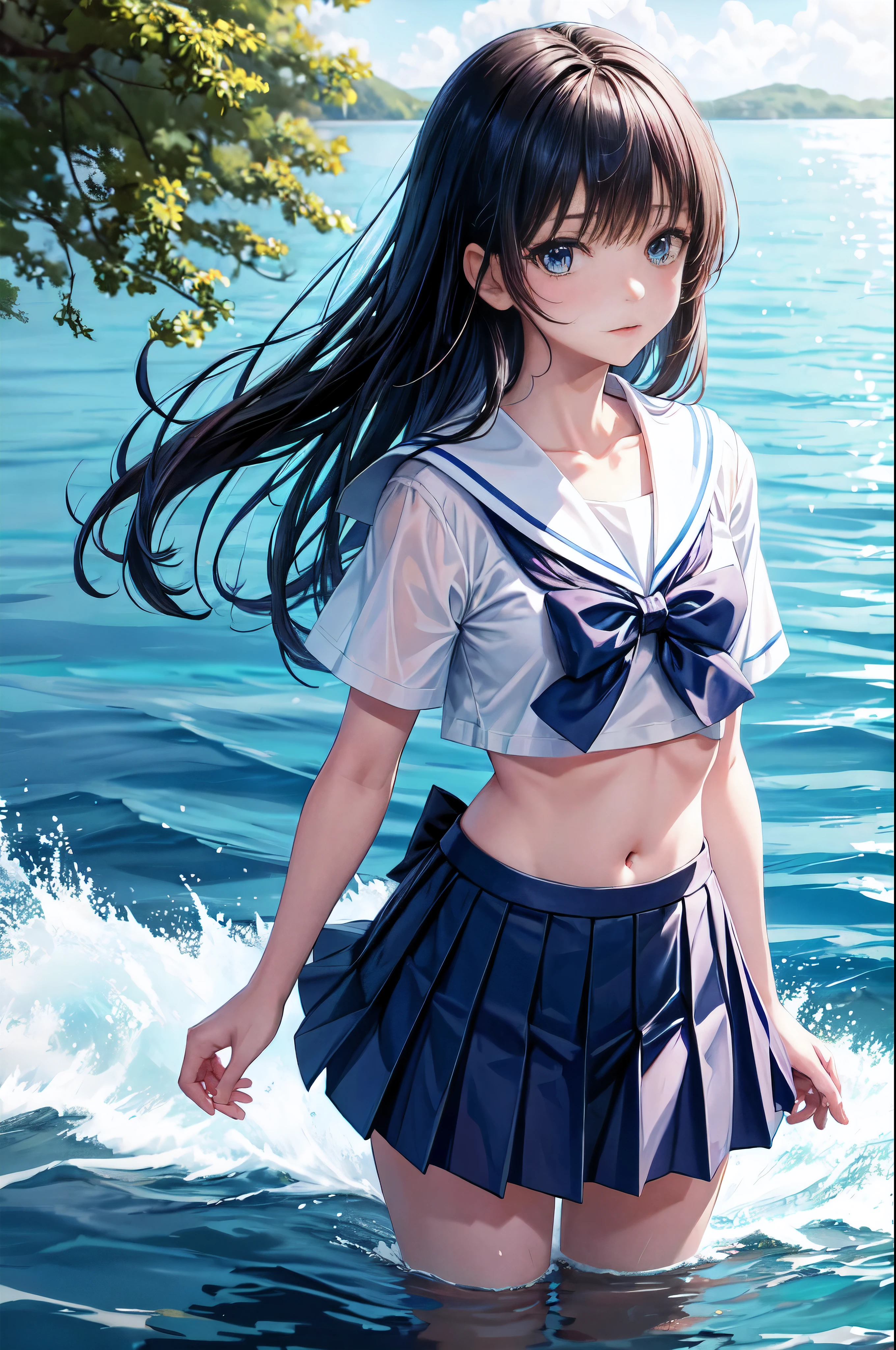 a anime looking character walking by water wearing blue skirt and sailor collar, 1 girl, alone, belly button, skirt, shirt, pleated skirt, looking at the viewer, short sleeve, outdoor, blue eyes, long hair, water, bow, white shirt, black skirt, Day, blurry, blurry background, collared shirt, blue bow, water遊び, Wet, bowtie, bangs, cowboy shot, Stomach, clothing lift