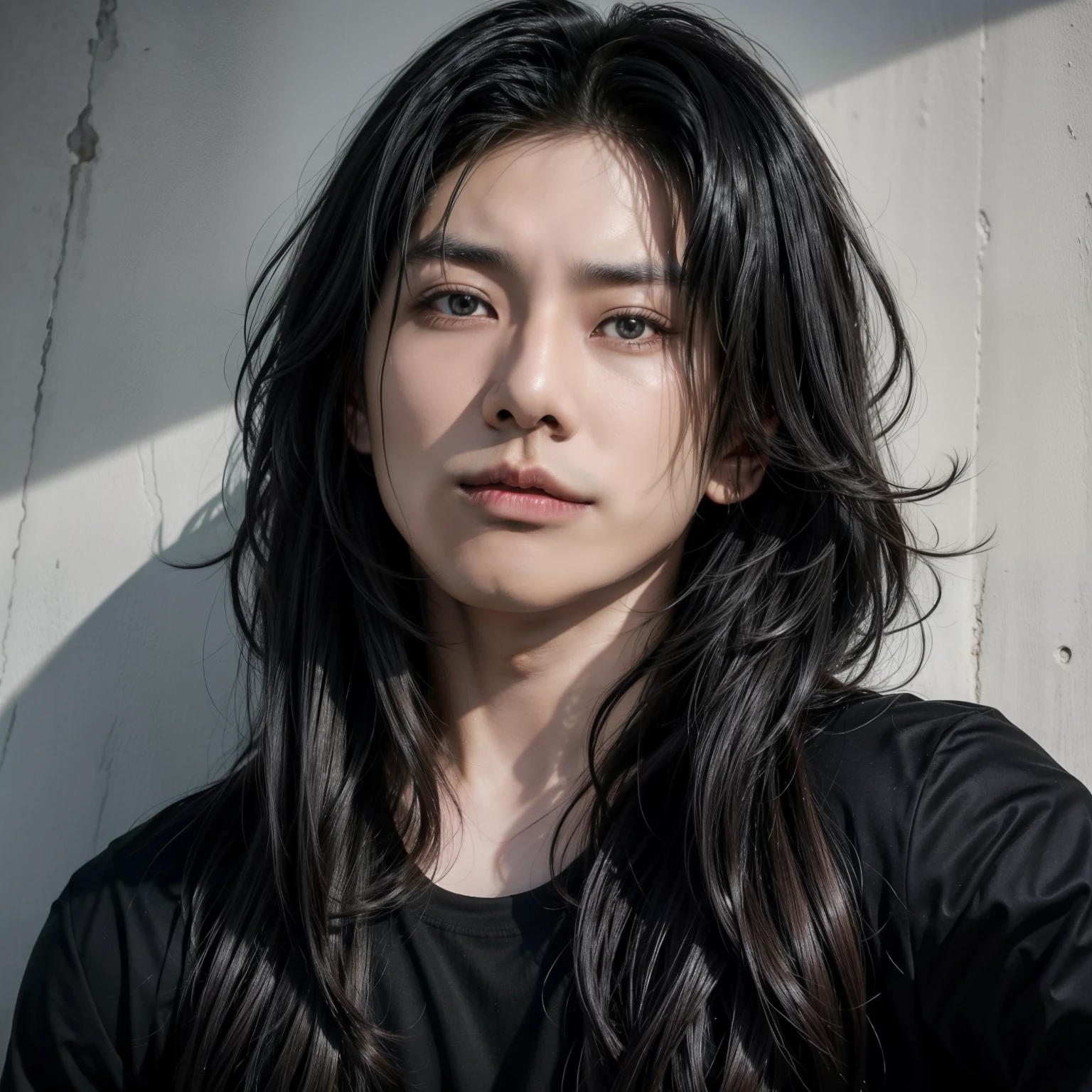 asian man with long hair and a black shirt with a black shirt, male ulzzang, handsome japanese demon boy, with long hair, jeon jungkook, with long dark hair, messy long black hair, long spiky fluffy smooth hair, beautiful boy, jeon jungkook, black hair