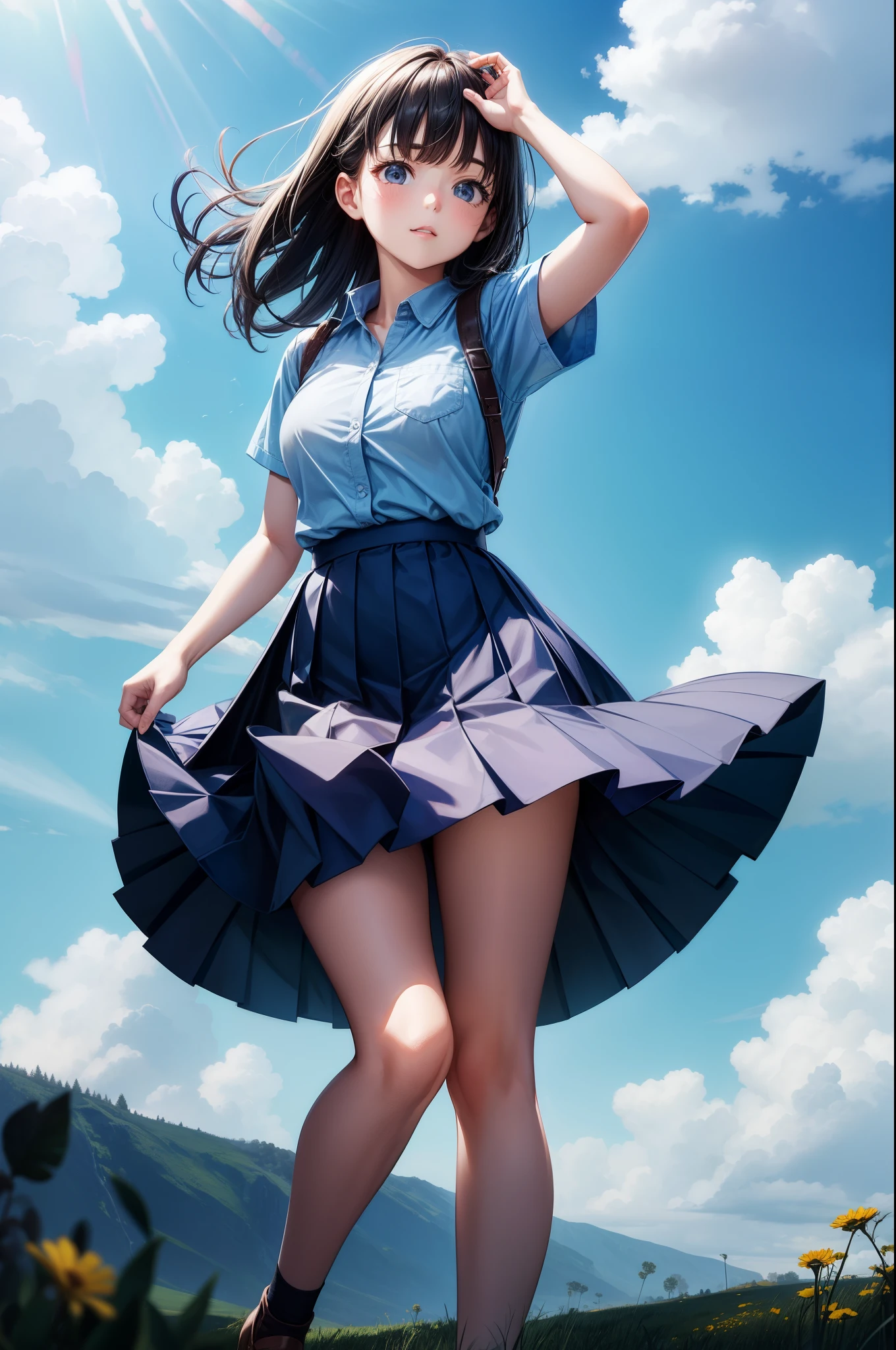 masterpiece, best quality, flat colors, 1girl, 19yo, (slim), long straight hair, (girl wearing a short skirt), (From below:1.5), (up skirt:1.5), topless, nipple, blue sky, bright, watercolor