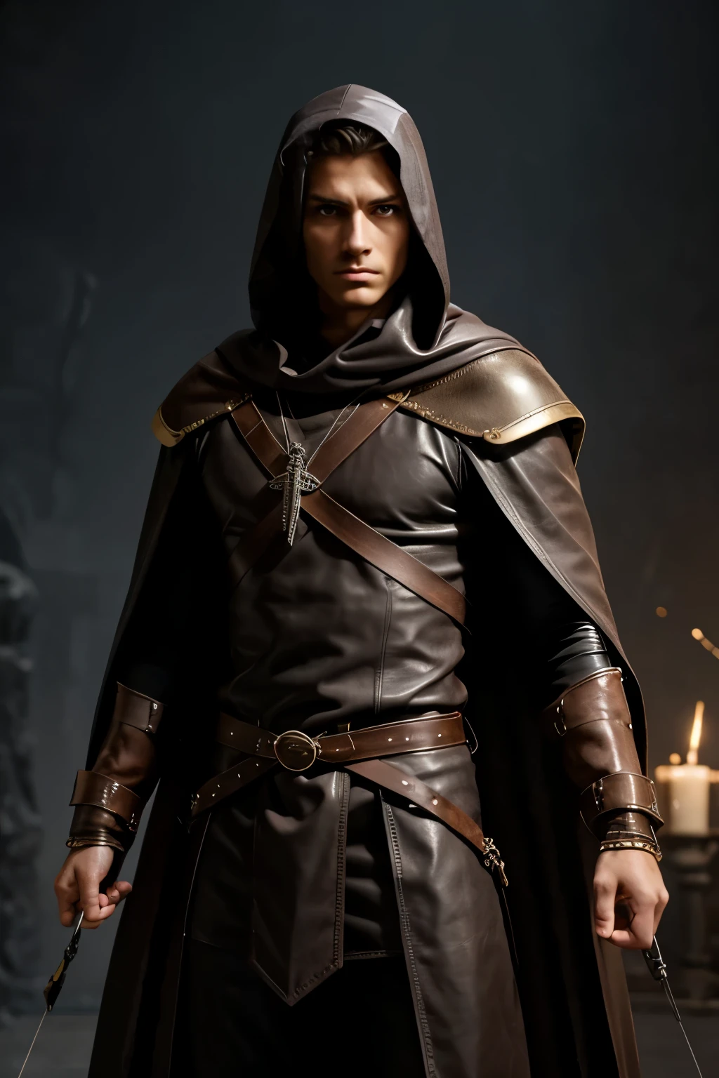 Boy with messy dark hair. His main clothing is a long coat with a white hood., combined with pirate elements such as leather straps and belts to carry their weapons.The white hood is an essential part of his clothing.Their clothing includes a type of light armor for protection, but designed not to limit your mobility. Uses various belts and straps to carry his guns, daggers and other weapons. Carry a pair of swords and up to four flintlock pistols, that he uses in combat
