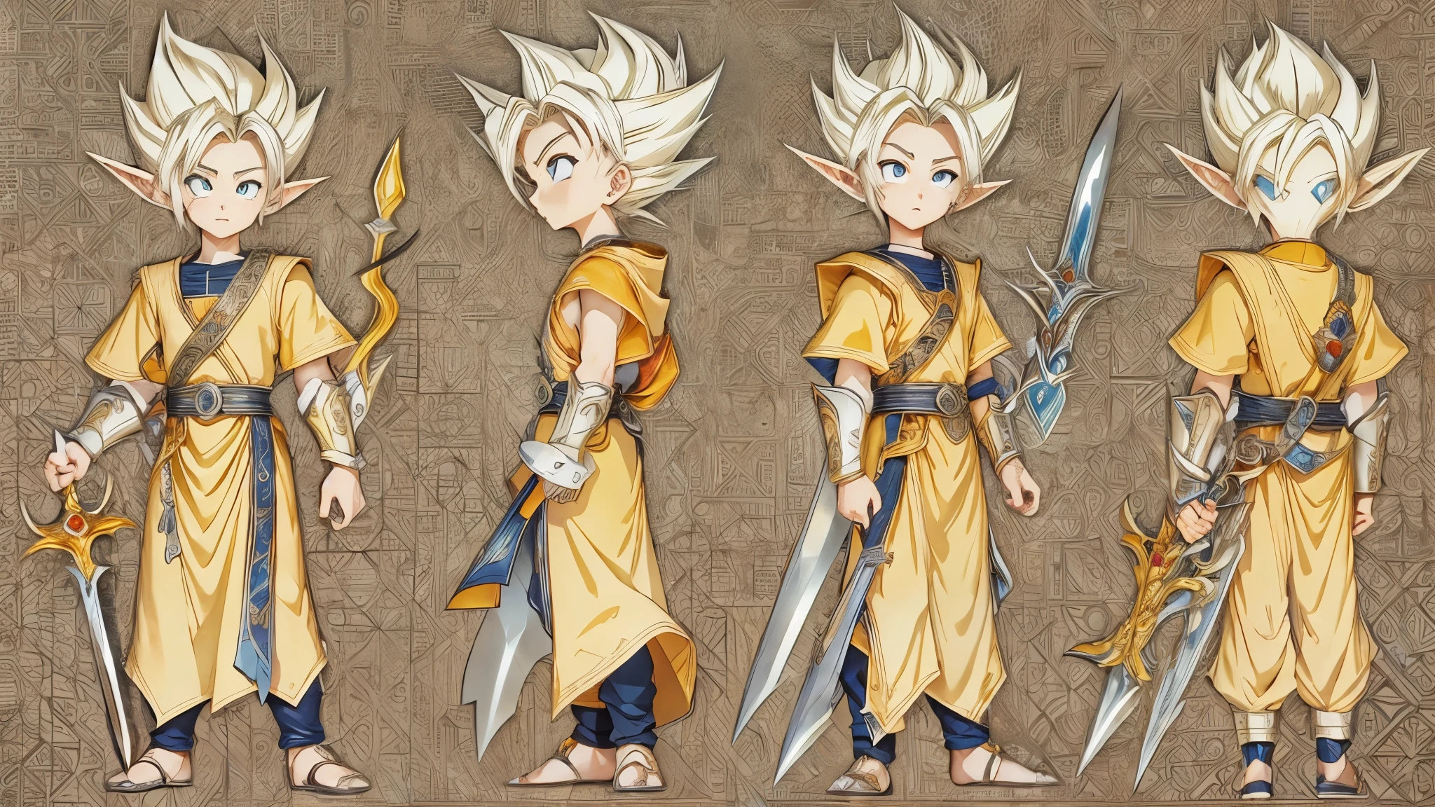 (masterpiece), 8k, best quality, full body, elf boy, naive, male, ager, 14 yite skin, slim body, pointed elf ears, beautiful finely detailed silver eyes, high forehead, hair yellow blonde spiky like Gohan from the anime dragon ball (super sayajin), Incredibly handsome, calm appearance, conservative elven outfit, holding a short sword, nordic detailed hilt, fighting