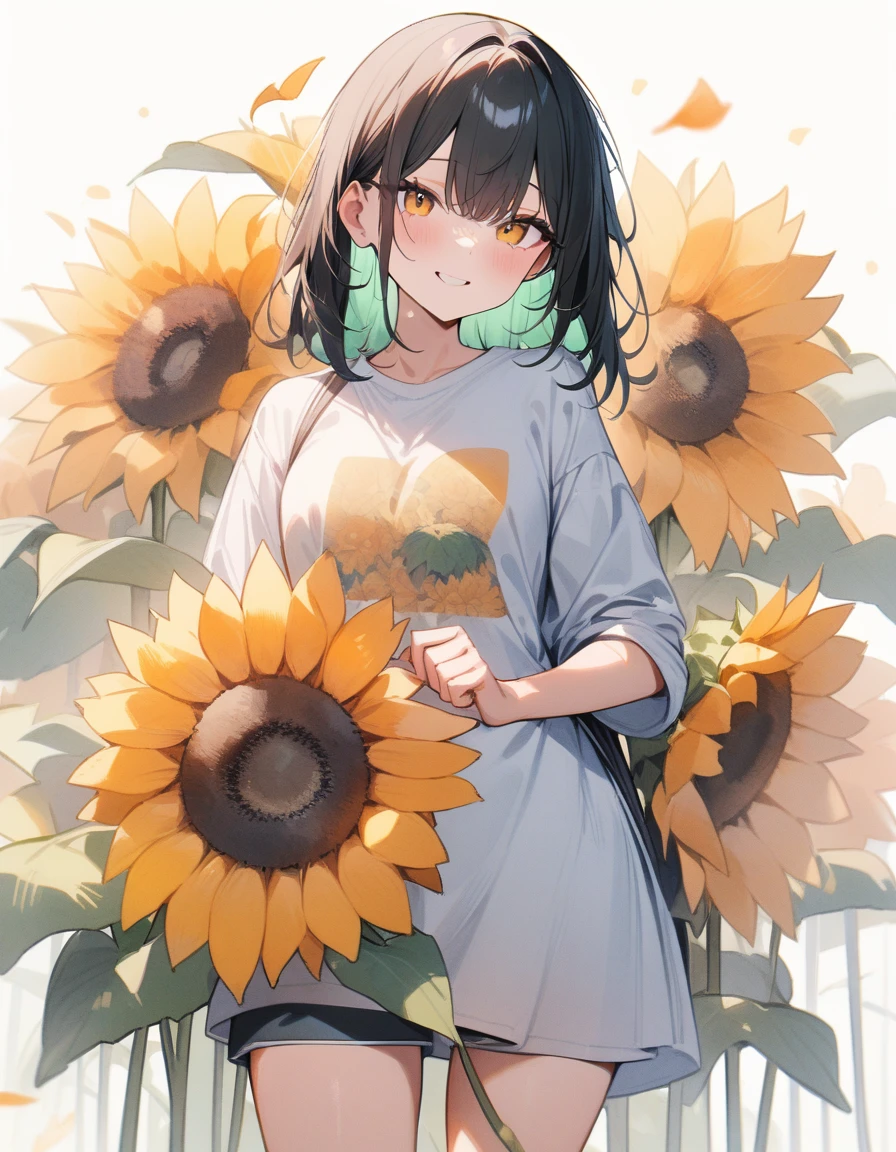 1girl, aesthetic, extremely detailed, masterpiece, best quality, very aesthetic, absurdres, loose watercolor, sunflowers, poppies, soft strokes, bright colors, clean background, high resolution