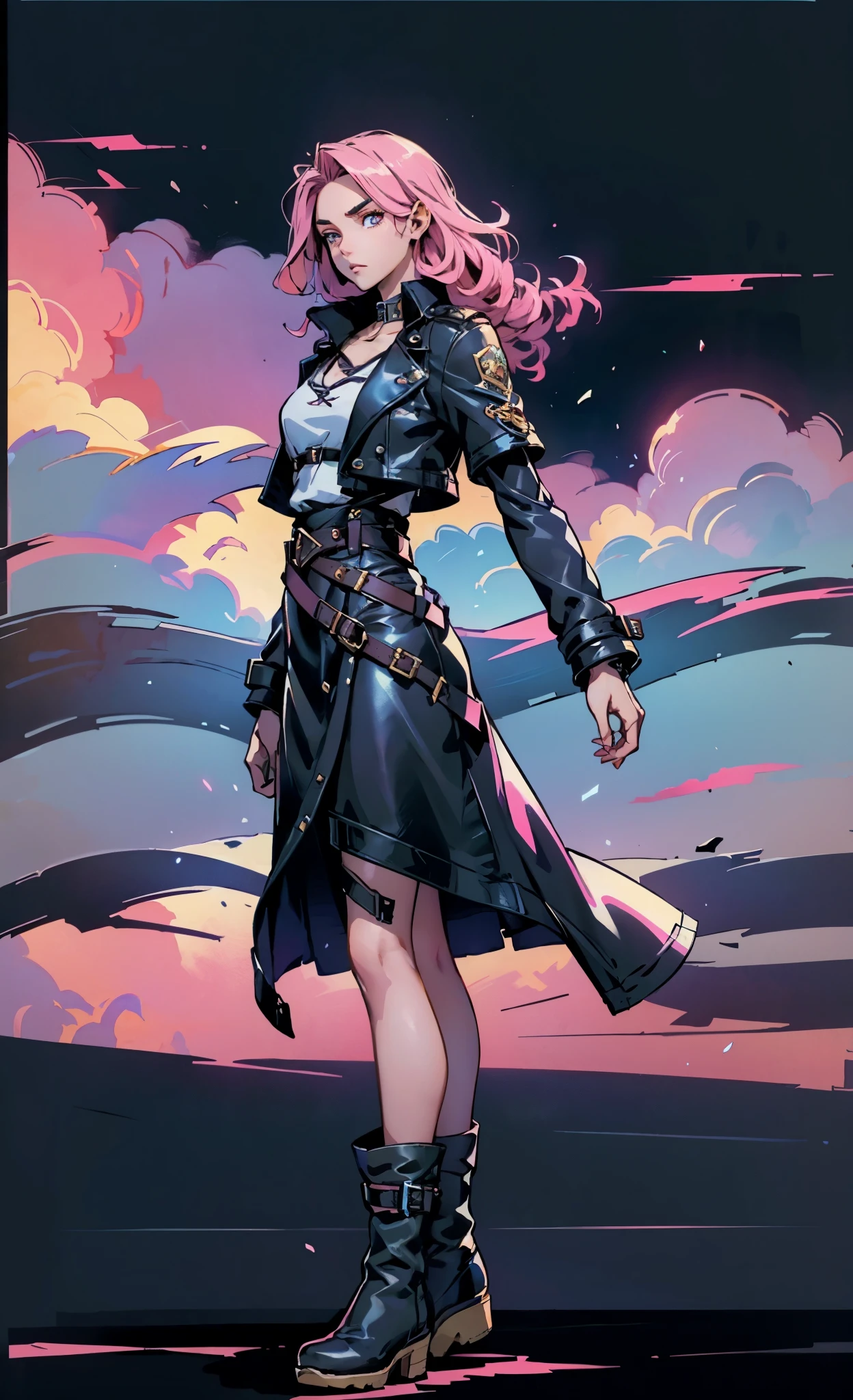 (A beautiful young girl with long curly pink hair, slender eyebrows, sparkling eyes, a bewildered expression, an oval-shapedl face with pale skin, a knee-length form-fitting leather trench coat with very short sleeves, she adorns both hands with metallic wrist guards in a sci-fi ancient civilization style, her long legs are clad in leather boots as she soars through the misty clouds), this character embodies a finely crafted fantasy-realism style western ranger in anime style, exquisite and mature manga art style, porcelain skin, perfect skin, perfect eyes, high definition, best quality, highres, ultra-detailed, ultra-fine painting, extremely delicate, professional, anatomically correct, symmetrical face, extremely detailed eyes and face, high quality eyes, creativity, RAW photo, UHD, 32k, Natural light, cinematic lighting, masterpiece-anatomy-perfect, masterpiece:1.5