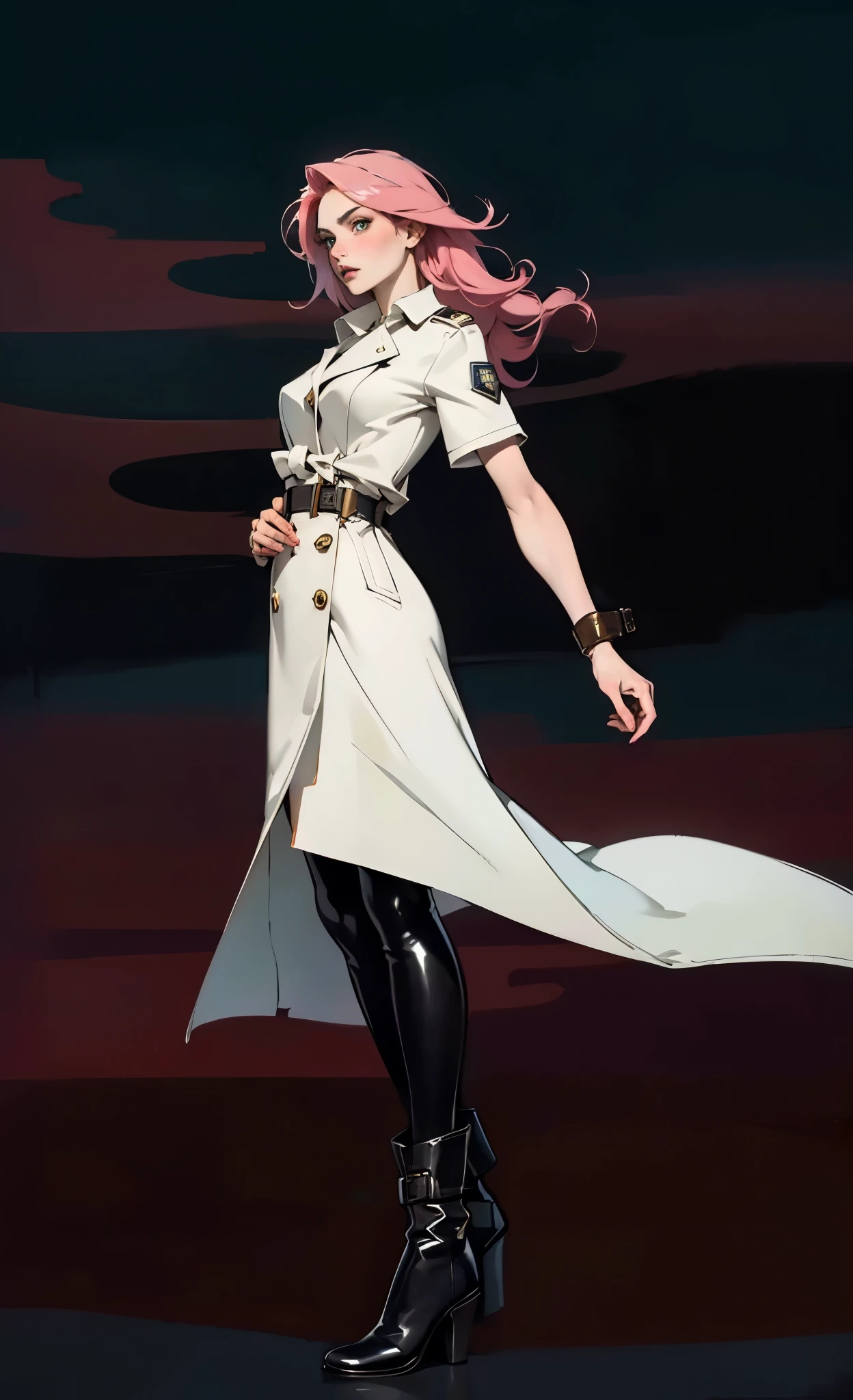 (A beautiful young girl with long curly pink hair, slender eyebrows, sparkling eyes, a bewildered expression, an oval-shapedl face with pale skin, a knee-length form-fitting leather trench coat with very short sleeves, she adorns both hands with metallic wrist guards in a sci-fi ancient civilization style, her long legs are clad in leather boots as she soars through the misty clouds), this character embodies a finely crafted fantasy-realism style western ranger in anime style, exquisite and mature manga art style, porcelain skin, perfect skin, perfect eyes, high definition, best quality, highres, ultra-detailed, ultra-fine painting, extremely delicate, professional, anatomically correct, symmetrical face, extremely detailed eyes and face, high quality eyes, creativity, RAW photo, UHD, 32k, Natural light, cinematic lighting, masterpiece-anatomy-perfect, masterpiece:1.5