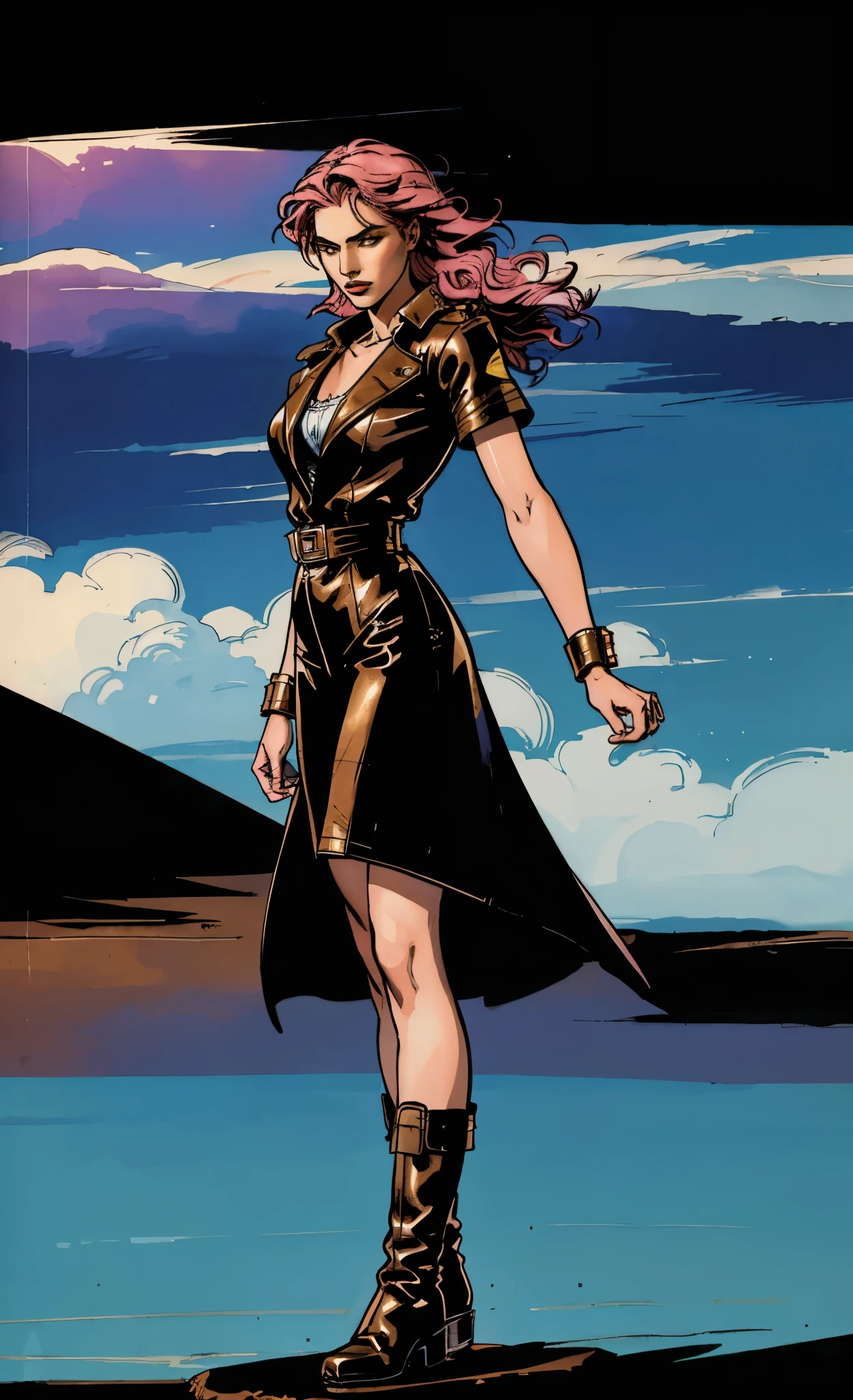 (A beautiful young girl with long curly pink hair, slender eyebrows, sparkling eyes, a bewildered expression, an oval-shapedl face with pale skin, a knee-length form-fitting leather trench coat with very short sleeves, she adorns both hands with metallic wrist guards in a sci-fi ancient civilization style, her long legs are clad in leather boots as she soars through the misty clouds), this character embodies a finely crafted fantasy-realism style western ranger in anime style, exquisite and mature manga art style, porcelain skin, perfect skin, perfect eyes, high definition, best quality, highres, ultra-detailed, ultra-fine painting, extremely delicate, professional, anatomically correct, symmetrical face, extremely detailed eyes and face, high quality eyes, creativity, RAW photo, UHD, 32k, Natural light, cinematic lighting, masterpiece-anatomy-perfect, masterpiece:1.5