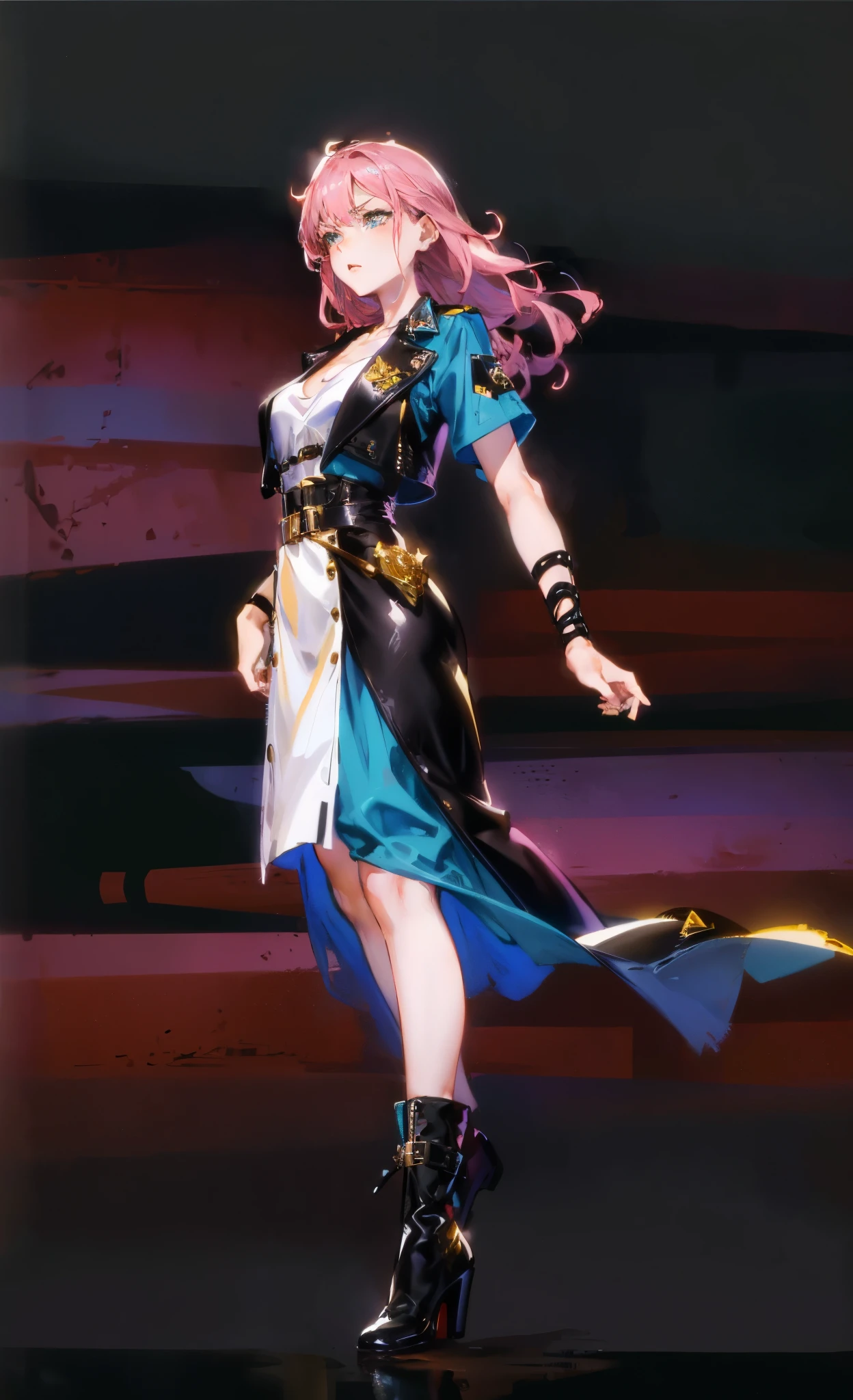(A beautiful young girl with long curly pink hair, slender eyebrows, sparkling eyes, a bewildered expression, an oval-shapedl face with pale skin, a knee-length form-fitting leather trench coat with very short sleeves, she adorns both hands with metallic wrist guards in a sci-fi ancient civilization style, her long legs are clad in leather boots as she soars through the misty clouds), this character embodies a finely crafted fantasy-realism style western ranger in anime style, exquisite and mature manga art style, porcelain skin, perfect skin, perfect eyes, high definition, best quality, highres, ultra-detailed, ultra-fine painting, extremely delicate, professional, anatomically correct, symmetrical face, extremely detailed eyes and face, high quality eyes, creativity, RAW photo, UHD, 32k, Natural light, cinematic lighting, masterpiece-anatomy-perfect, masterpiece:1.5