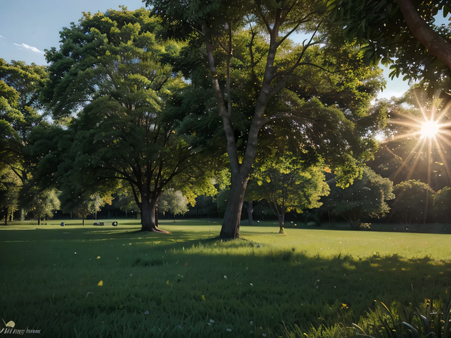 majestic trees with robust trunks and lush crowns full of notes of R$ 100,00, que sopradas pelo vento, fall on the grass in a green field on a sunny summer day. The grass stretches as far as the eye can see. The sun is high in the sky. Colorful butterflies dance among the tree leaves. It is a place of pure serenity and beauty, onde a natureza e a riqueza se unem em perfeita harmonia. Qualidade 4K, ultra realista.