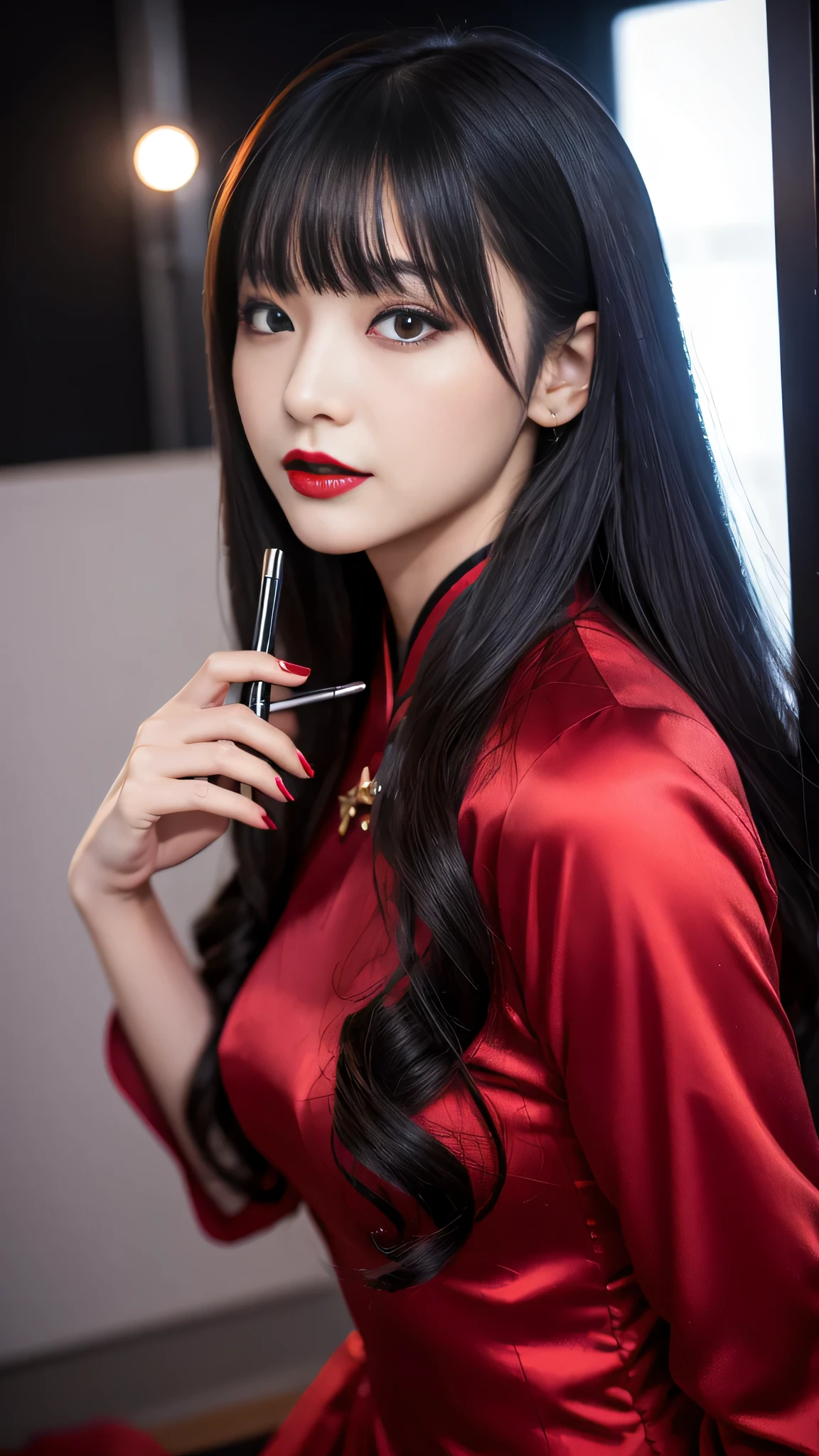 detailed、Japanese、charming beauty、seductive adult woman、Beautiful woman、sharp eyes、cool girl、wavy hair、flowing bangs、long black cheongsam、wide sleeve、evilの幹部、evil depravity、brainwashing、Mind control、lipstick、lip gloss、grin、evilな表情、evil、empty eyes、evil、church at night、vampire、Succubus、vampire、makeup brush