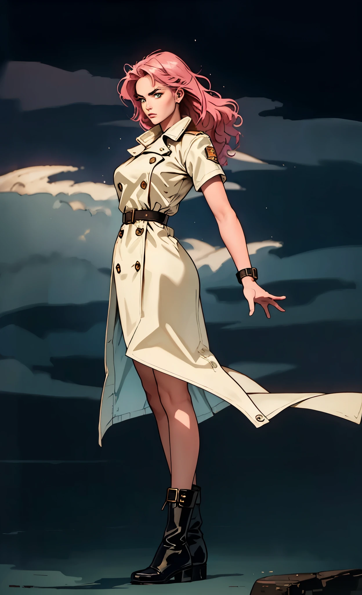 (A beautiful young girl with long curly pink hair, slender eyebrows, sparkling eyes, a bewildered expression, an oval-shapedl face with pale skin, a knee-length form-fitting leather trench coat with very short sleeves, she adorns both hands with metallic wrist guards in a sci-fi ancient civilization style, her long legs are clad in leather boots as she soars through the misty clouds), this character embodies a finely crafted fantasy-realism style western ranger in anime style, exquisite and mature manga art style, porcelain skin, perfect skin, perfect eyes, high definition, best quality, highres, ultra-detailed, ultra-fine painting, extremely delicate, professional, anatomically correct, symmetrical face, extremely detailed eyes and face, high quality eyes, creativity, RAW photo, UHD, 32k, Natural light, cinematic lighting, masterpiece-anatomy-perfect, masterpiece:1.5