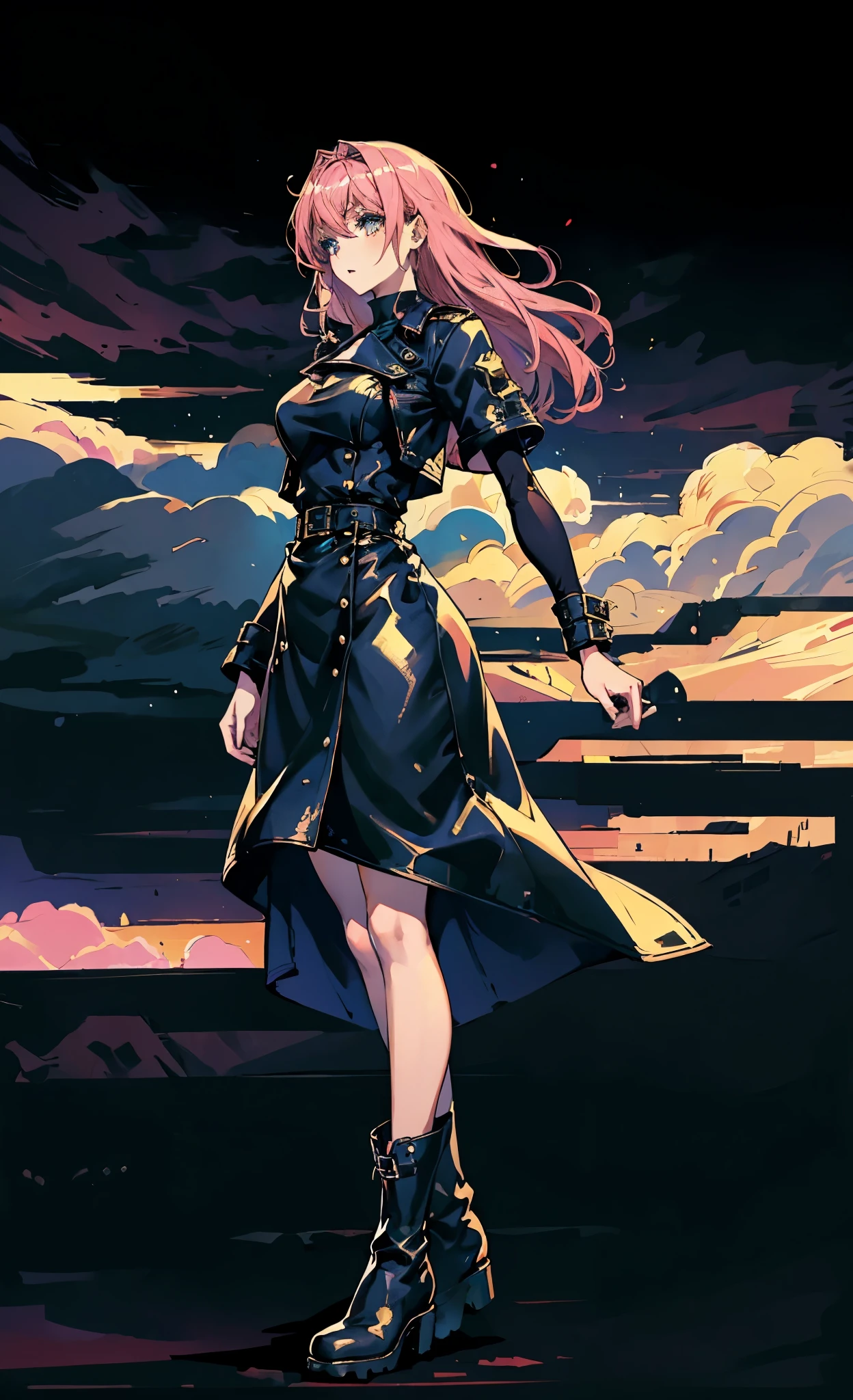 (A beautiful young girl with long curly pink hair, slender eyebrows, sparkling eyes, a bewildered expression, an oval-shapedl face with pale skin, a knee-length form-fitting leather trench coat with very short sleeves, she adorns both hands with metallic wrist guards in a sci-fi ancient civilization style, her long legs are clad in leather boots as she soars through the misty clouds), this character embodies a finely crafted fantasy-realism style western ranger in anime style, exquisite and mature manga art style, porcelain skin, perfect skin, perfect eyes, high definition, best quality, highres, ultra-detailed, ultra-fine painting, extremely delicate, professional, anatomically correct, symmetrical face, extremely detailed eyes and face, high quality eyes, creativity, RAW photo, UHD, 32k, Natural light, cinematic lighting, masterpiece-anatomy-perfect, masterpiece:1.5