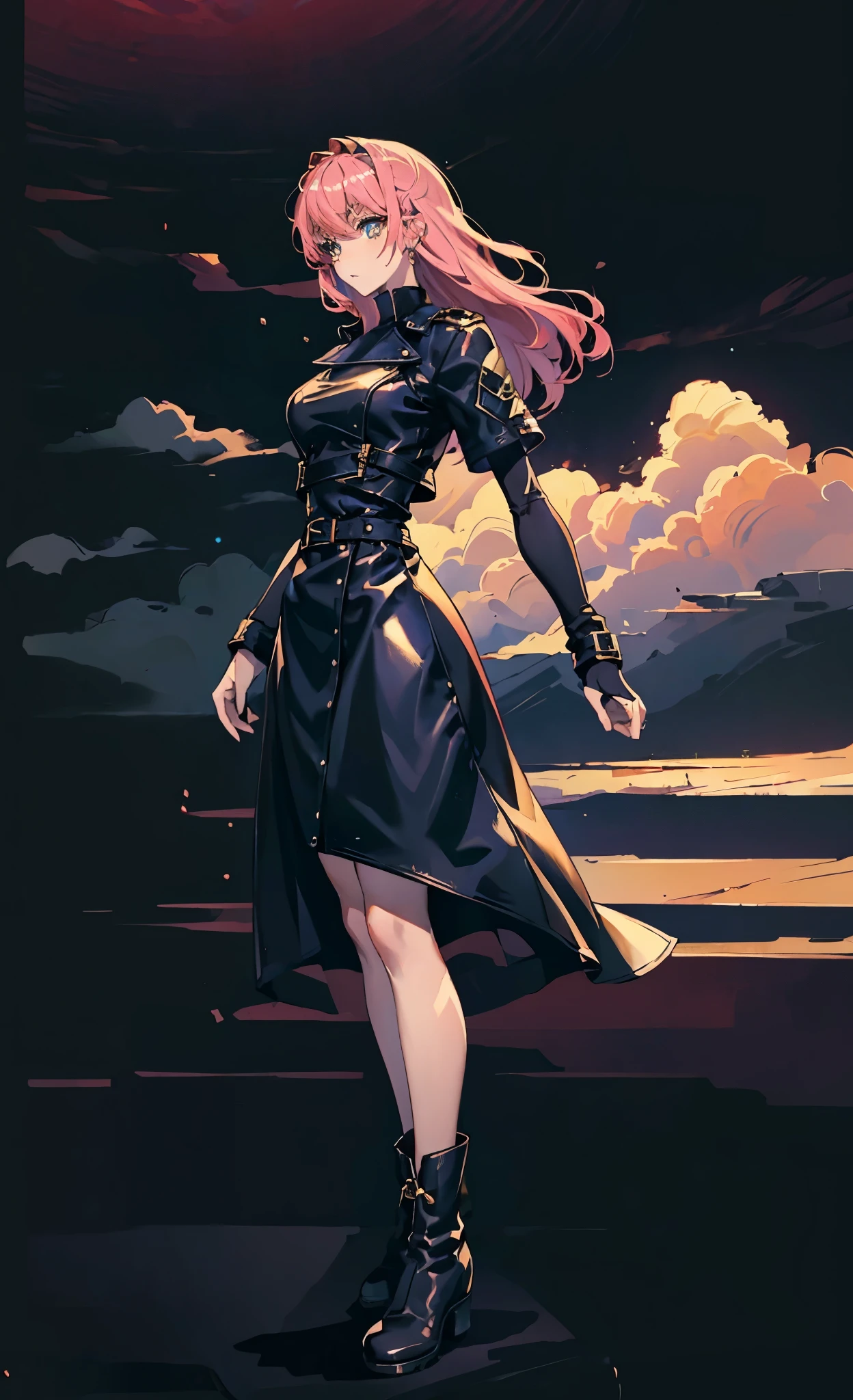 (A beautiful young girl with long curly pink hair, slender eyebrows, sparkling eyes, a bewildered expression, an oval-shapedl face with pale skin, a knee-length form-fitting leather trench coat with very short sleeves, she adorns both hands with metallic wrist guards in a sci-fi ancient civilization style, her long legs are clad in leather boots as she soars through the misty clouds), this character embodies a finely crafted fantasy-realism style western ranger in anime style, exquisite and mature manga art style, porcelain skin, perfect skin, perfect eyes, high definition, best quality, highres, ultra-detailed, ultra-fine painting, extremely delicate, professional, anatomically correct, symmetrical face, extremely detailed eyes and face, high quality eyes, creativity, RAW photo, UHD, 32k, Natural light, cinematic lighting, masterpiece-anatomy-perfect, masterpiece:1.5