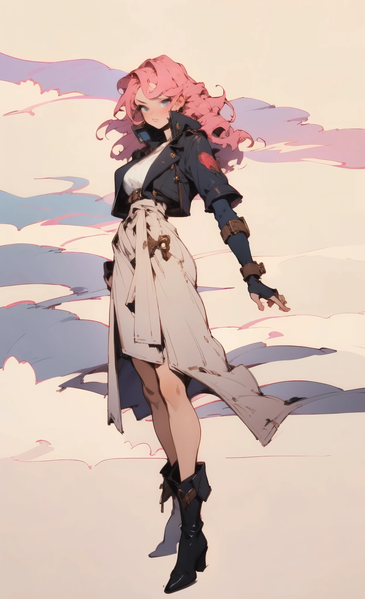 (A beautiful young girl with long curly pink hair, slender eyebrows, sparkling eyes, a bewildered expression, an oval-shapedl face with pale skin, a knee-length form-fitting leather trench coat with very short sleeves, she adorns both hands with metallic wrist guards in a sci-fi ancient civilization style, her long legs are clad in leather boots as she soars through the misty clouds), this character embodies a finely crafted fantasy-realism style western ranger in anime style, exquisite and mature manga art style, porcelain skin, perfect skin, perfect eyes, high definition, best quality, highres, ultra-detailed, ultra-fine painting, extremely delicate, professional, anatomically correct, symmetrical face, extremely detailed eyes and face, high quality eyes, creativity, RAW photo, UHD, 32k, Natural light, cinematic lighting, masterpiece-anatomy-perfect, masterpiece:1.5