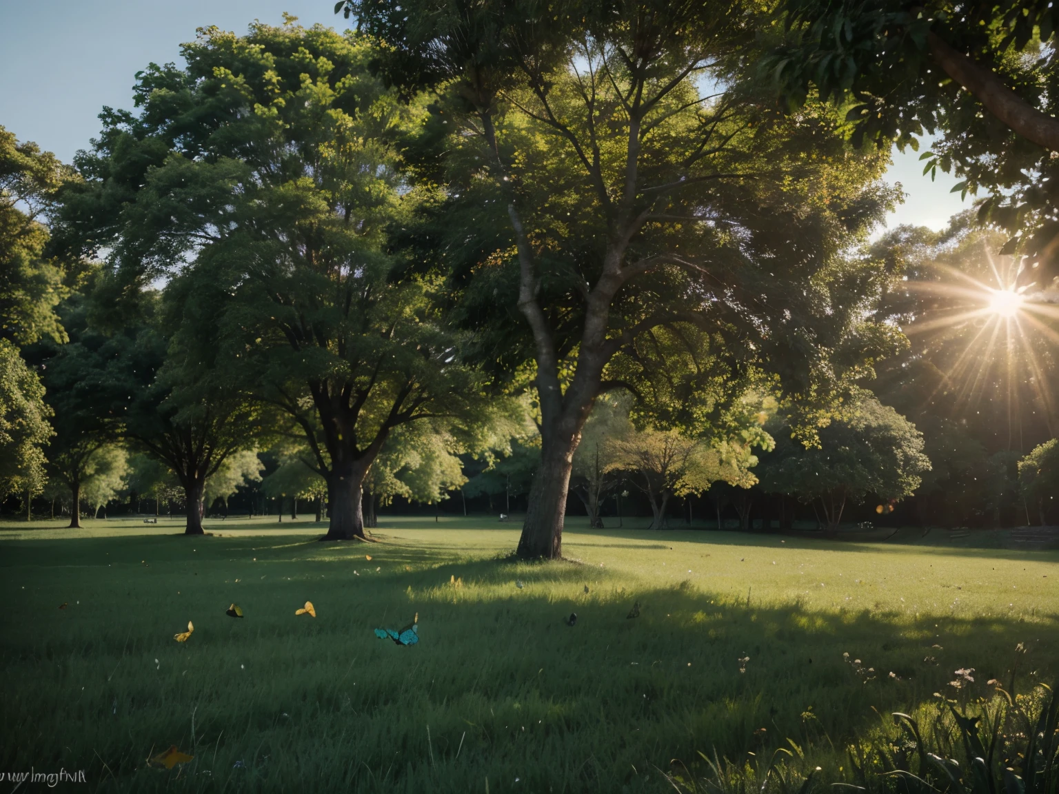majestic trees with robust trunks and lush crowns full of notes of R$ 100,00, que sopradas pelo vento, fall on the grass in a green field on a sunny summer day. The grass stretches as far as the eye can see. The sun is high in the sky. Colorful butterflies dance among the tree leaves. It is a place of pure serenity and beauty, onde a natureza e a riqueza se unem em perfeita harmonia. Qualidade 4K, ultra realista.