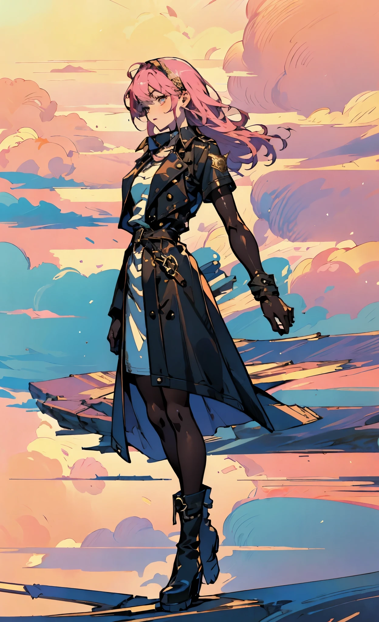 (A beautiful young girl with long curly pink hair, slender eyebrows, sparkling eyes, a bewildered expression, an oval-shapedl face with pale skin, a knee-length form-fitting leather trench coat with very short sleeves, she adorns both hands with metallic wrist guards in a sci-fi ancient civilization style, her long legs are clad in leather boots as she soars through the misty clouds), this character embodies a finely crafted fantasy-realism style western ranger in anime style, exquisite and mature manga art style, porcelain skin, perfect skin, perfect eyes, high definition, best quality, highres, ultra-detailed, ultra-fine painting, extremely delicate, professional, anatomically correct, symmetrical face, extremely detailed eyes and face, high quality eyes, creativity, RAW photo, UHD, 32k, Natural light, cinematic lighting, masterpiece-anatomy-perfect, masterpiece:1.5