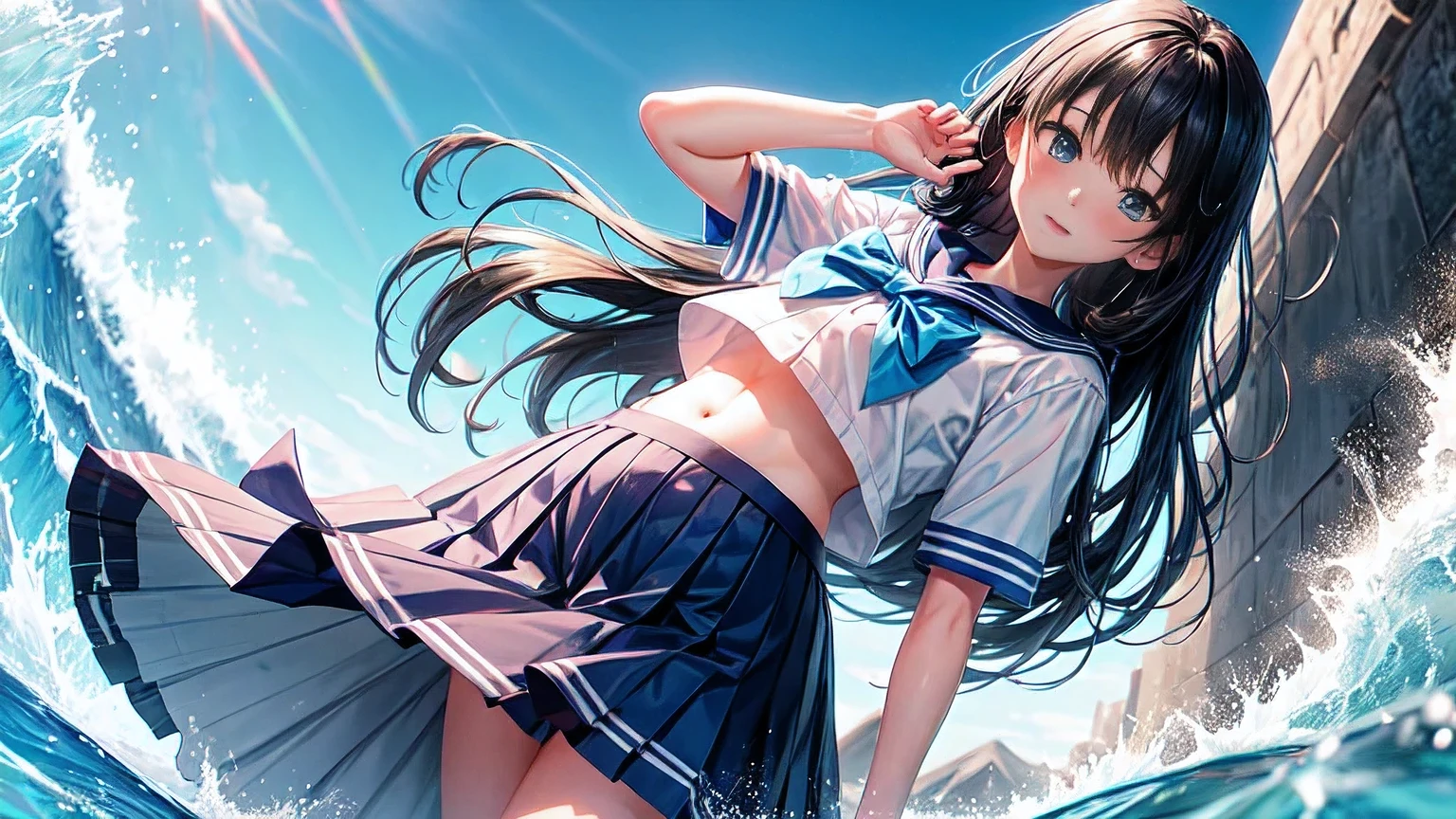 a anime looking character walking by water wearing blue  skirt and sailor collar, 1 girl, alone, belly button, skirt, shirt, pleated skirt, looking at the viewer, short sleeve, outdoor, blue eyes, long hair, water, bow, white shirt, black skirt,広がるskirt, Day, blurry, blurry background, collared shirt, blue bow, water遊び, Wet, bowtie, bangs, cowboy shot, Stomach, clothing lift