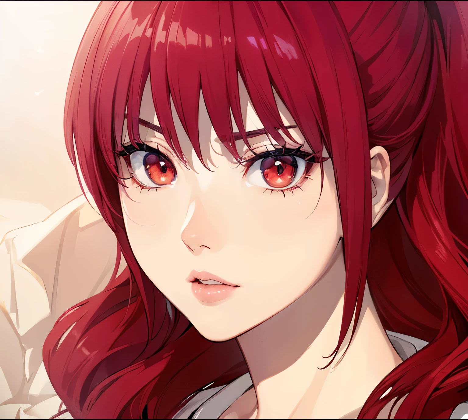 (masterpiece, best quality:1.4), (extremely detailed, 8k, uhd), cinematic shot, natural lighting, ultra highres, vibrant rich colors, (beautiful, aesthetic, perfect, delicate, intricate:1.2), (sharp focus, from front:1.3), eye level shot, 1girl, portrait of a anime girl, young, red hair, (extremely hot, attractive, beautiful, sexy, feminine:1.2) serious expression, serious look, serious eyes, expressive brown eyes, long eyelashes, relaxed,(beautiful detailed face, highly detailed skin, red eyes), gorgeous, breathtaking beauty, seductive, captivating, pale skin, perfect female figure, (slim:0.5), (wearing a dark t-shirt :1.2), (highly saturated lipstick, luscious thick lips), intricate details, daytime, award winning photography, detailed background, volumetric fx, anime, hyper-detailed