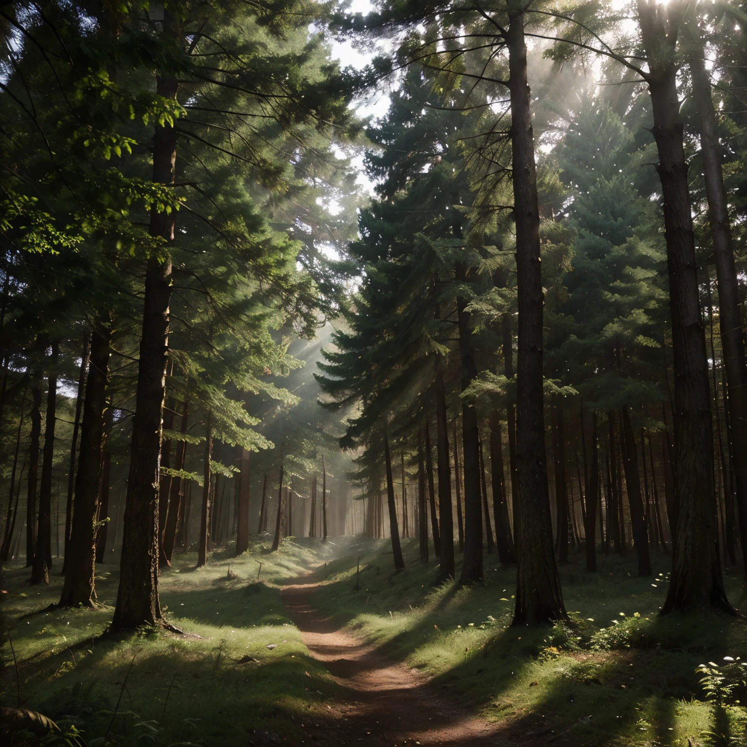 A misty forest with sunlight filtering through the trees.