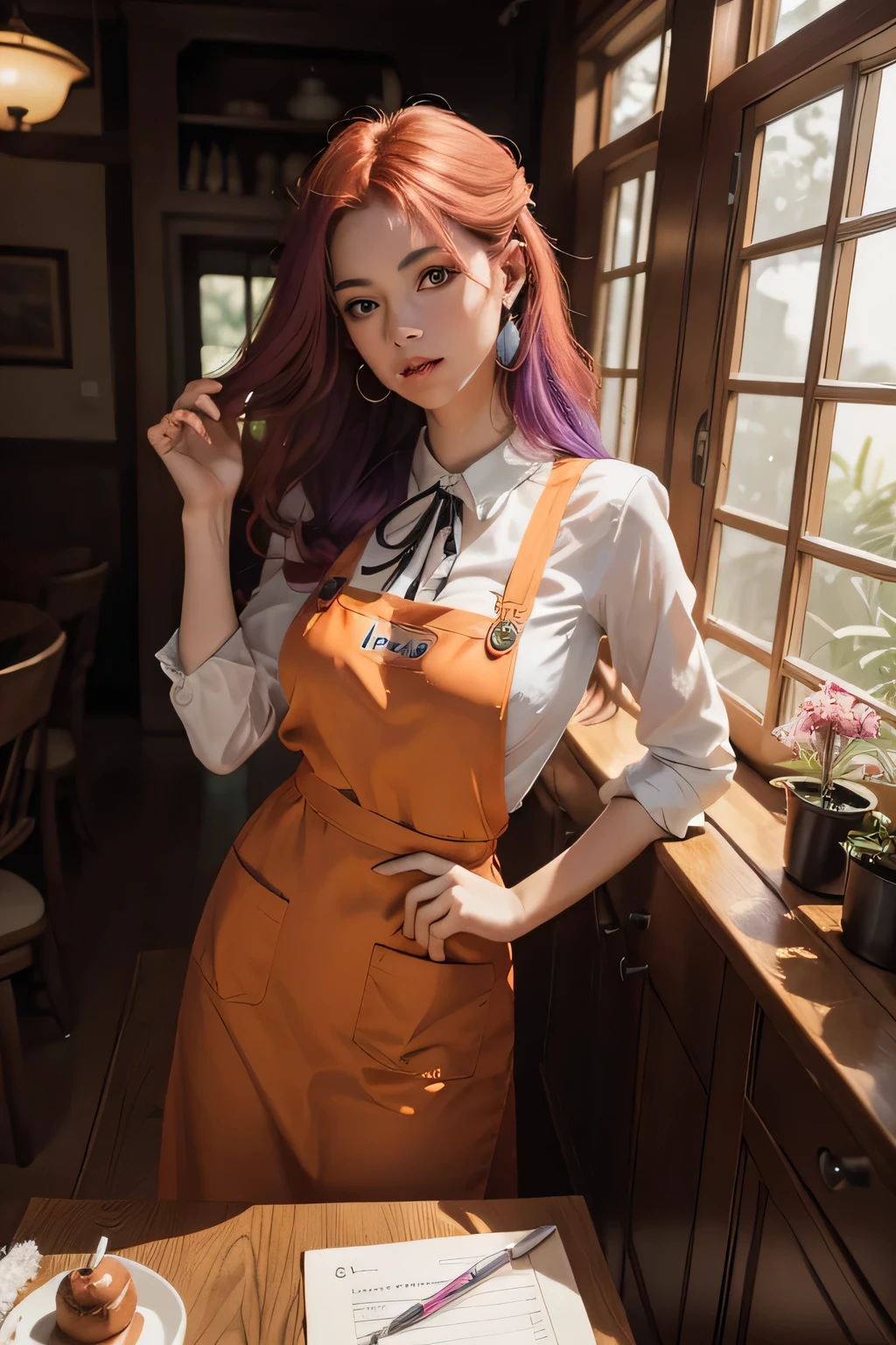 arte conceitual, aerial angle of a will&#39;-o-fatuous, wearing a deep orange emerald Somali funny apron, Cabelo caramelo estilizado como cabelo curto, Fluorescent Purple Hair Tie, equirretangular 360, high resolution,  [(arte de Willi Baumeister:1.1), (arte por John T. Maiores:1.2)::17], arte oficial, papel de parede da unidade 8k, ultra detalhado, aesthetics, obra de arte, Melhor qualidade, fotorrealista,sensual