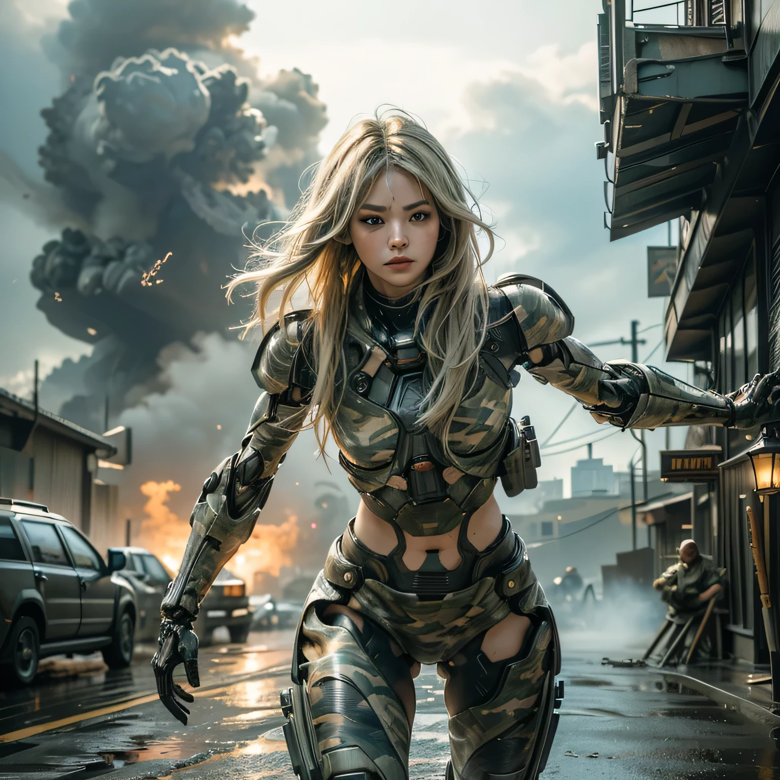(RAW shooting、highest quality、masterpiece)、(genuine、photogenuineistic)、(Super detailed)、Very detailed CG、8K、アンgenuineエンジン、3D rendering、beautiful mechanic、((high contrast))、(High chroma)、(sharpness)、((very delicate and beautiful))、reflected light、highly detailed background、(war、urban warfare、black cloud、wet road surface、fire、black smoke、dense teeth、combat vehicle、military、soldier、rubble、Concrete debris、broken building、Bent steel frame)、(destroyed slum、cyber punk、machine city、 ((anatomically correct))、一人の女性soldier、platinum blonde hair、beautiful and delicate hair、(detailed beautiful eyes、detailed beautiful face)、highly detailed skin、headphone、gloves、オリーブドラブのcamouflageのアーマーサイバースーツ、((camouflage))、((cowboy shot))、dramatic lighting、action pose、fighting pose