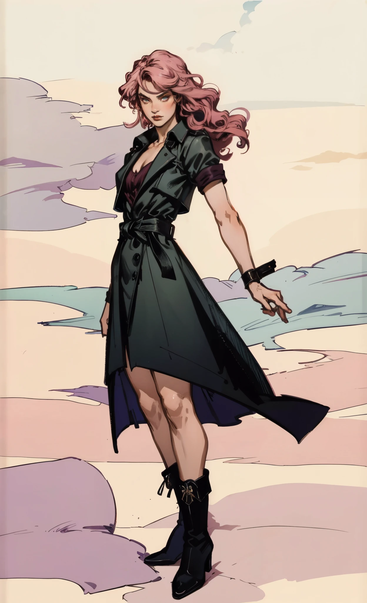 (A beautiful young girl with long curly pink hair, slender eyebrows, sparkling eyes, a bewildered expression, an oval-shapedl face with pale skin, a knee-length form-fitting leather trench coat with very short sleeves, she adorns both hands with metallic wrist guards in a sci-fi ancient civilization style, her long legs are clad in leather boots as she soars through the misty clouds), this character embodies a finely crafted fantasy-realism style western ranger in anime style, exquisite and mature manga art style, porcelain skin, perfect skin, perfect eyes, high definition, best quality, highres, ultra-detailed, ultra-fine painting, extremely delicate, professional, anatomically correct, symmetrical face, extremely detailed eyes and face, high quality eyes, creativity, RAW photo, UHD, 32k, Natural light, cinematic lighting, masterpiece-anatomy-perfect, masterpiece:1.5