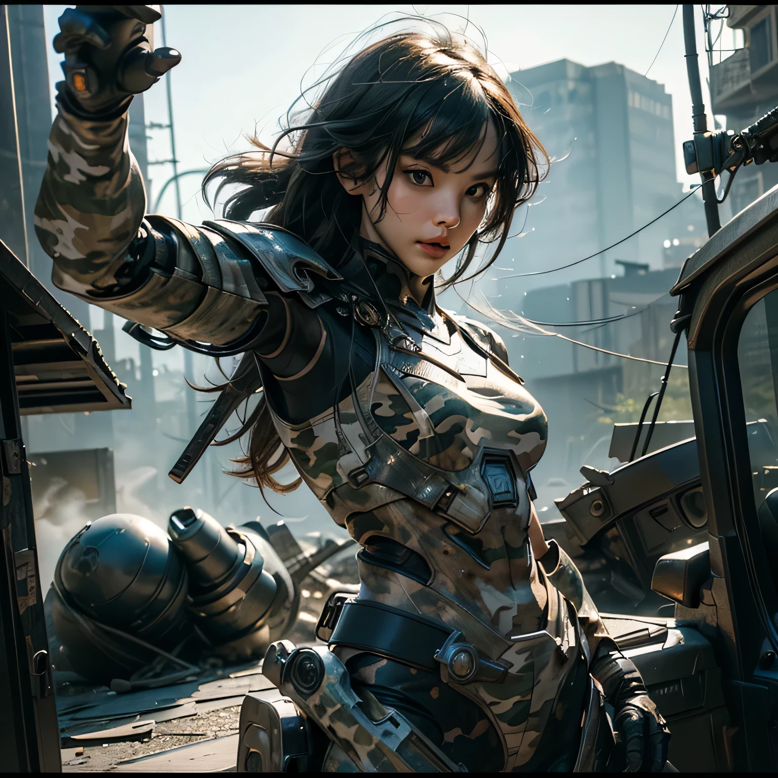 (RAW shooting、highest quality、masterpiece)、(genuine、photogenuineistic)、(Super detailed)、Very detailed CG、8K、アンgenuineエンジン、3D rendering、beautiful mechanic、((high contrast))、(High chroma)、(sharpness)、((very delicate and beautiful))、reflected light、highly detailed background、(war、urban warfare、black smoke、dense teeth、Spewing steam、military、rubble、Concrete debris、broken building、Bent steel frame)、(destroyed slum、cyber punk、machine city、 ((anatomically correct))、One Female Soldier、black hair、bangs、side lock、beautiful and delicate hair、(detailed beautiful eyes、detailed beautiful face)、highly detailed skin、headphone、gloves、オリーブドラブのcamouflageのアーマースーツ、((camouflage))、((cowboy shot))、dramatic lighting、action pose、fighting pose