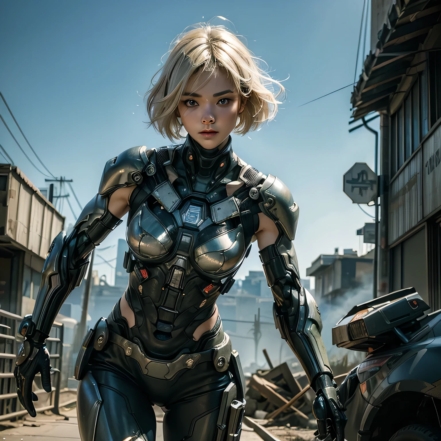 (masterpiece, best quality),1girl ,with Blonde hair,A-line haircut,body, Arms crossed behind the back pose, LED panel lights arranged in square formation to mimic existing indoor fixtures,A dystopian ghetto controlled by local gangs armed with hacked police weapons like EMP blasters and Taser shotguns