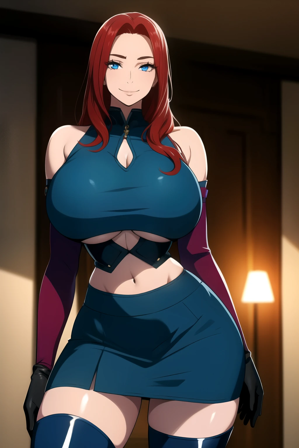 masterpiece, best quality, absurdres, 8k, perfect shadows,perfect lighting,hdr, cowboy shot,shiny skin,skindentation, beautiful body, NamiFinal, ((red hair: 1.4)), long hair, blue eyes, (crop top, underboob, elbow gloves, thigh boots, split skirt, bare shoulders, curvy, midriff, curvy, thighs, higheels, shiny clothes), complex detailed background, inside, luxury palace) (gigantic breasts,hourglass body, thin waist,very slim waist)extremely detailed face,detailed eye makeup, detail face, nice detailed eyes,nice hands, perfect hands (realistic pupils,realistic iris:1) heavy eye makeup,glowing eyes, Bright eyes,standing,standing at attention,(seductive smile), gigantic breasts, curvy