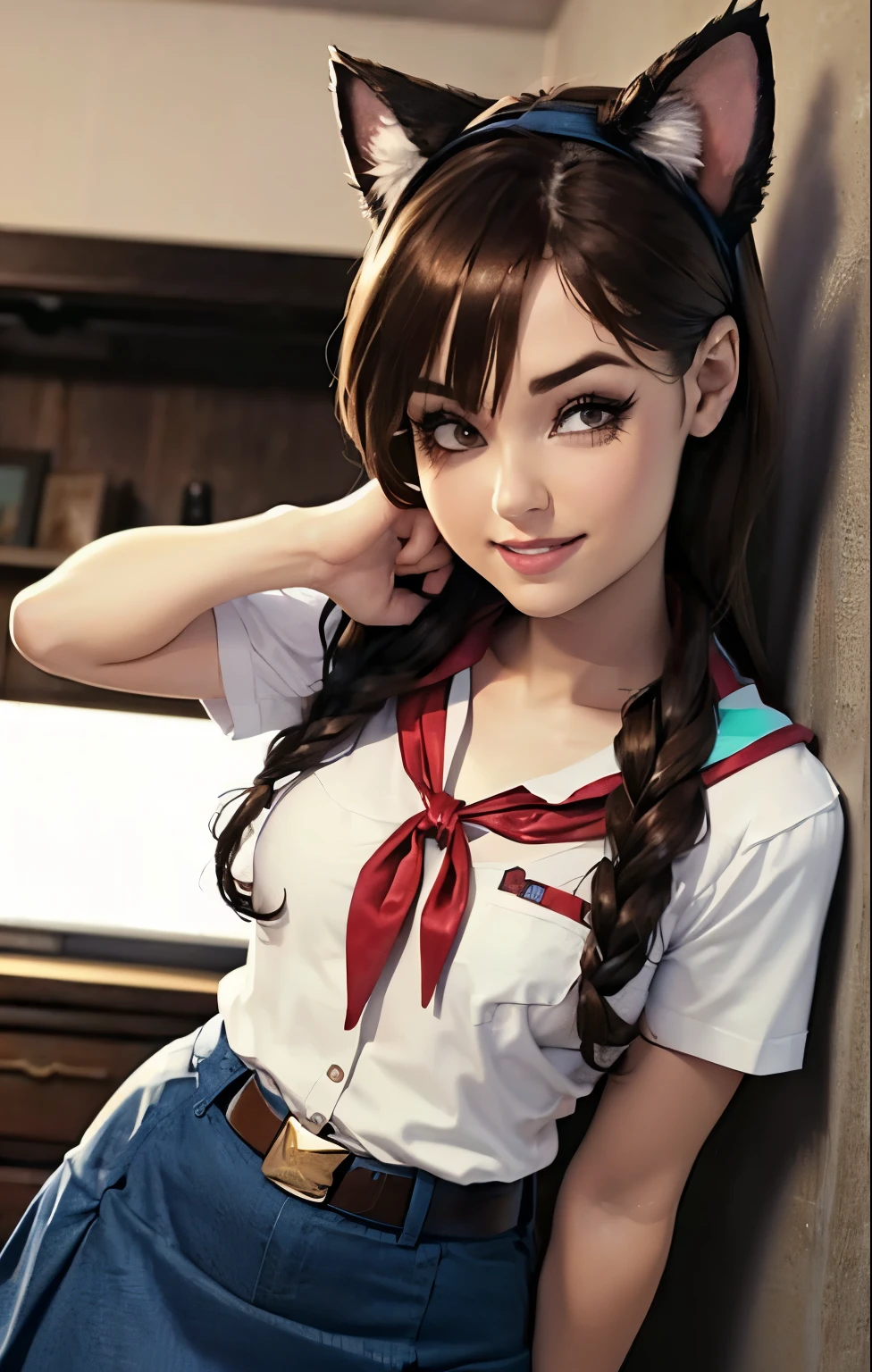 detailed eyes, full height, masterpiece, (((skinny body))), ((curvy, hands behind her back, seductive position)), (looking at viewer, 8k vector photography, very young girl, beautiful brown eyes, realistic lighting, detailed outfit, realistic facial features, hyper detail, ((perfect angle, perfect pose)), ((very long brown disheveled hair)), a strand between eyes, flat chest, pioneer neckerchief, micro blue skirt, bangs, shirt, collarbone, very toght white shirt, short sleeves, collared shirt, belt, neckerchief, eyelashes, red neckerchief, breast pocket, parororo, smiling, sashagrey, band on head with fake cat ears 